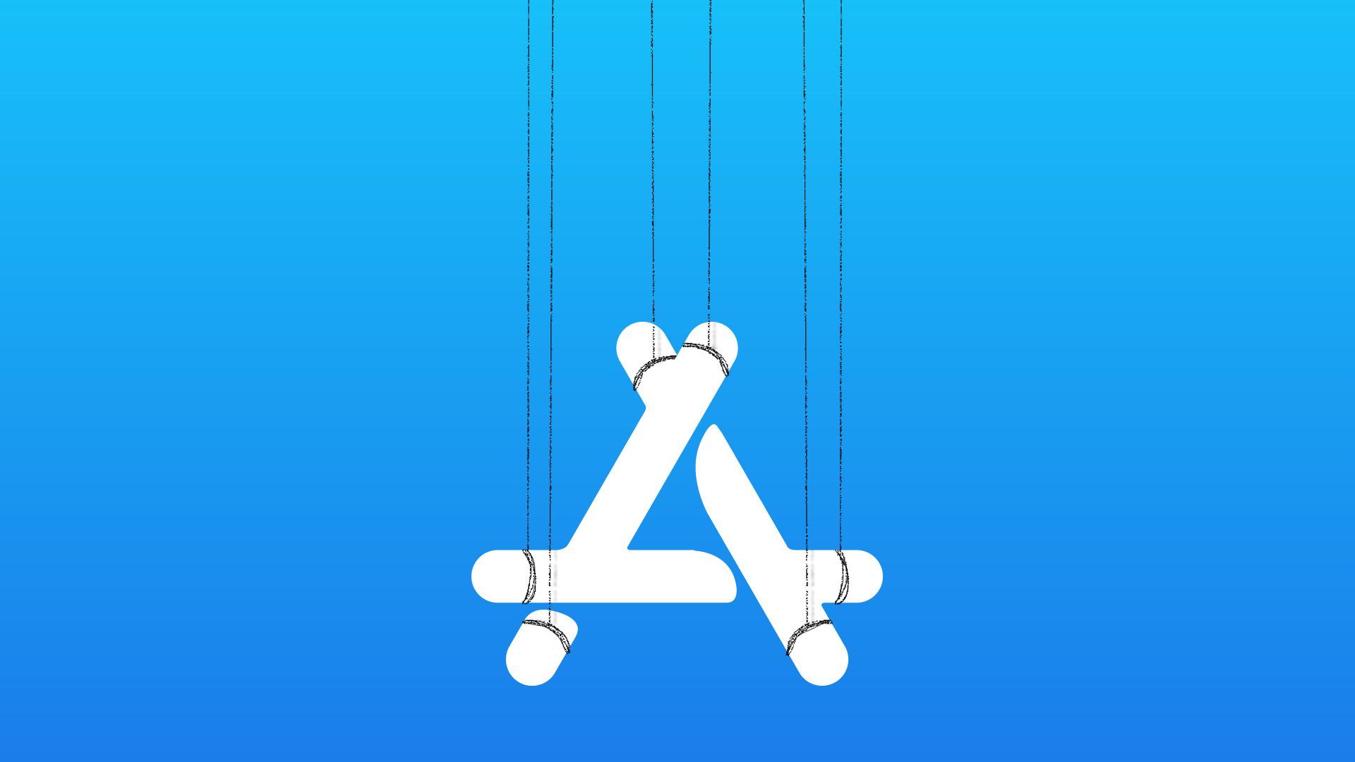 Illustration of the App Store logo on marionette strings.