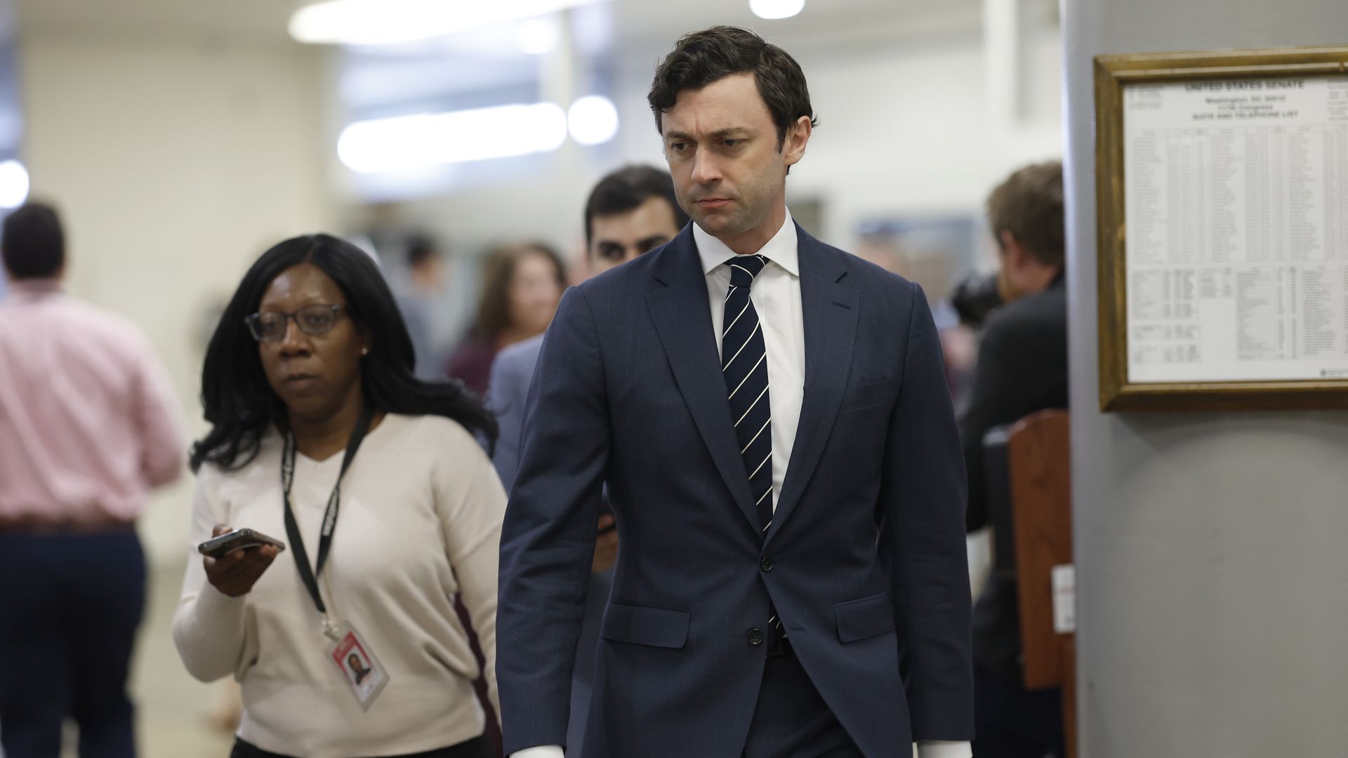 Sen. Jon Ossoff (D-GA) walks through the Senate Subway to participate in a vote on the Senate Floor at the U.S. Capitol Building on November 16, 2022 in Washington, DC.