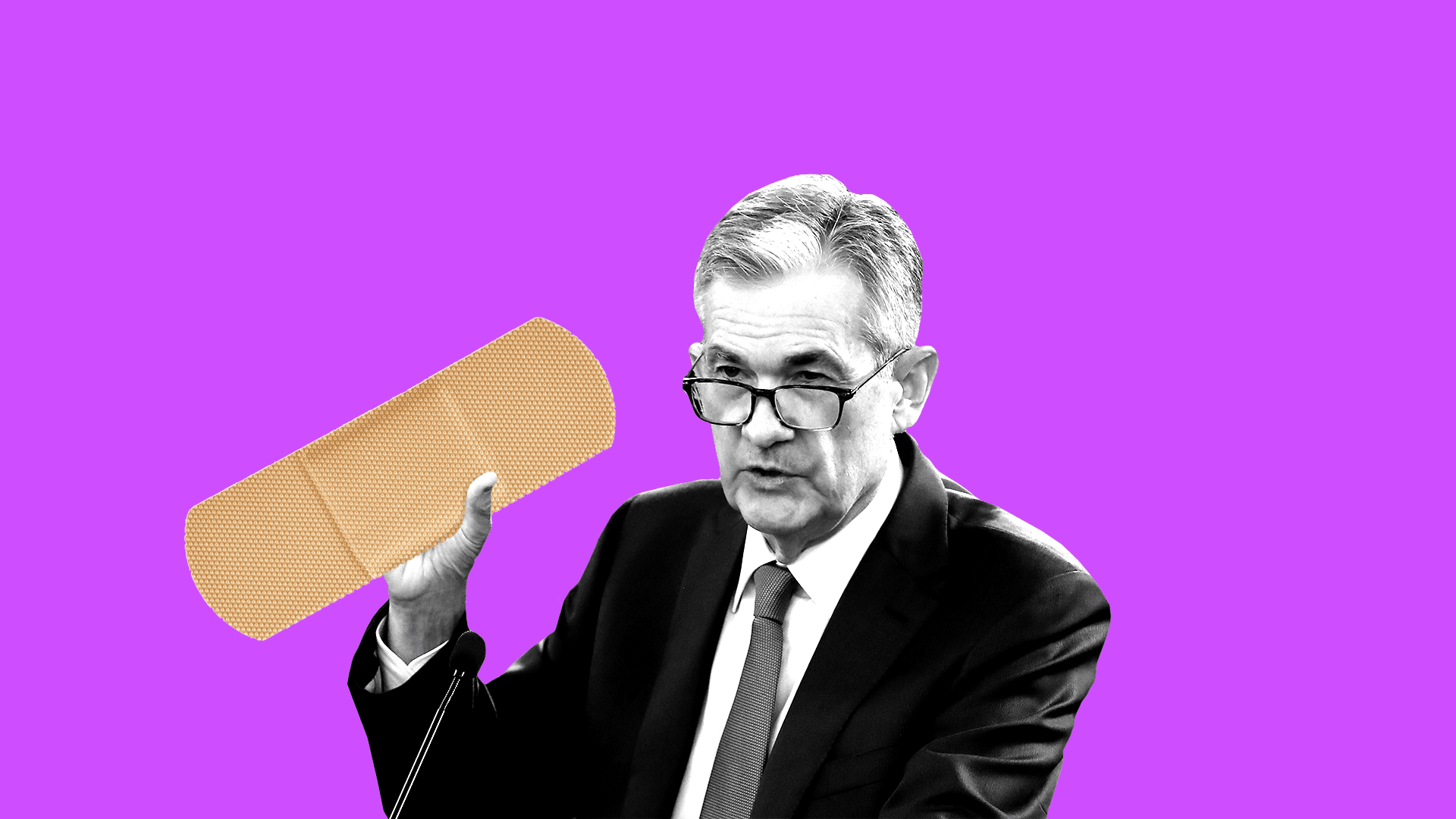 Illustration of Fed Chair Jerome Powell holding a large bandaid