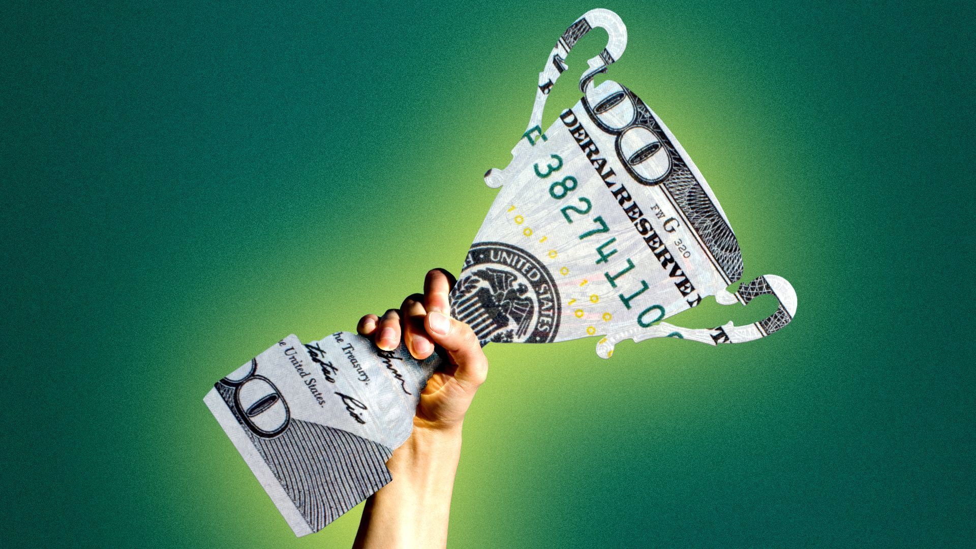 Illustration of a hand holding a one hundred dollar bill shaped like a trophy.