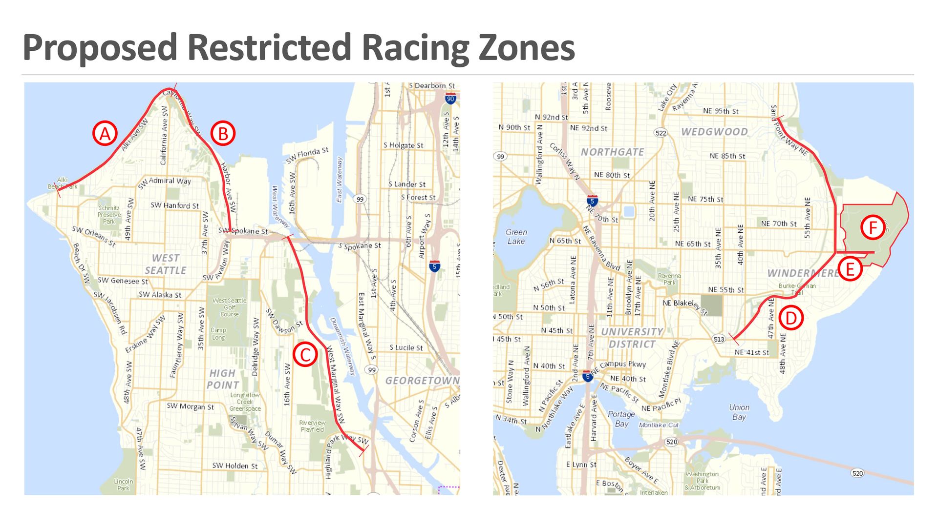 A map of West Seattle and Northeast Seattle side by side showing proposed areas that could be made restricting racing zones, with roads highlighted in red along Alki Beach and near Magnuson Park. 