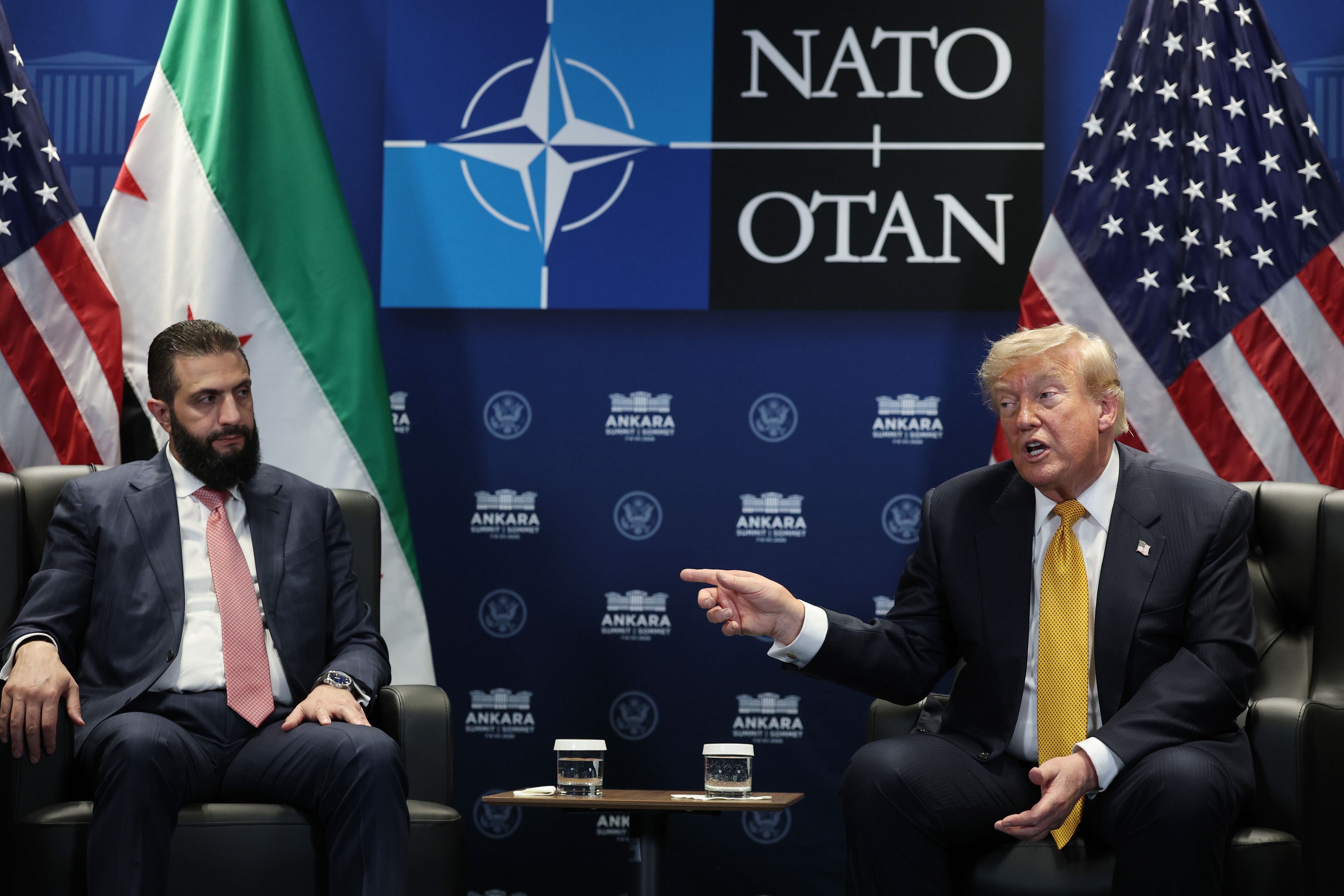 President Trump meets with Syrian President Ahmed al-Sharaa at the NATO summit in Ankara, Turkey, last month.
