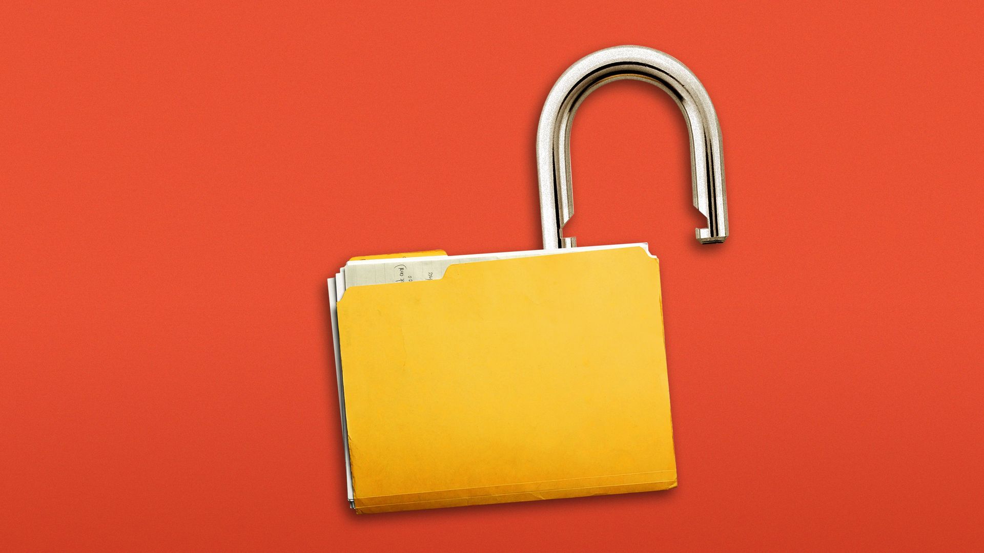 Illustration of an unlocked padlock made out of a manila folder.