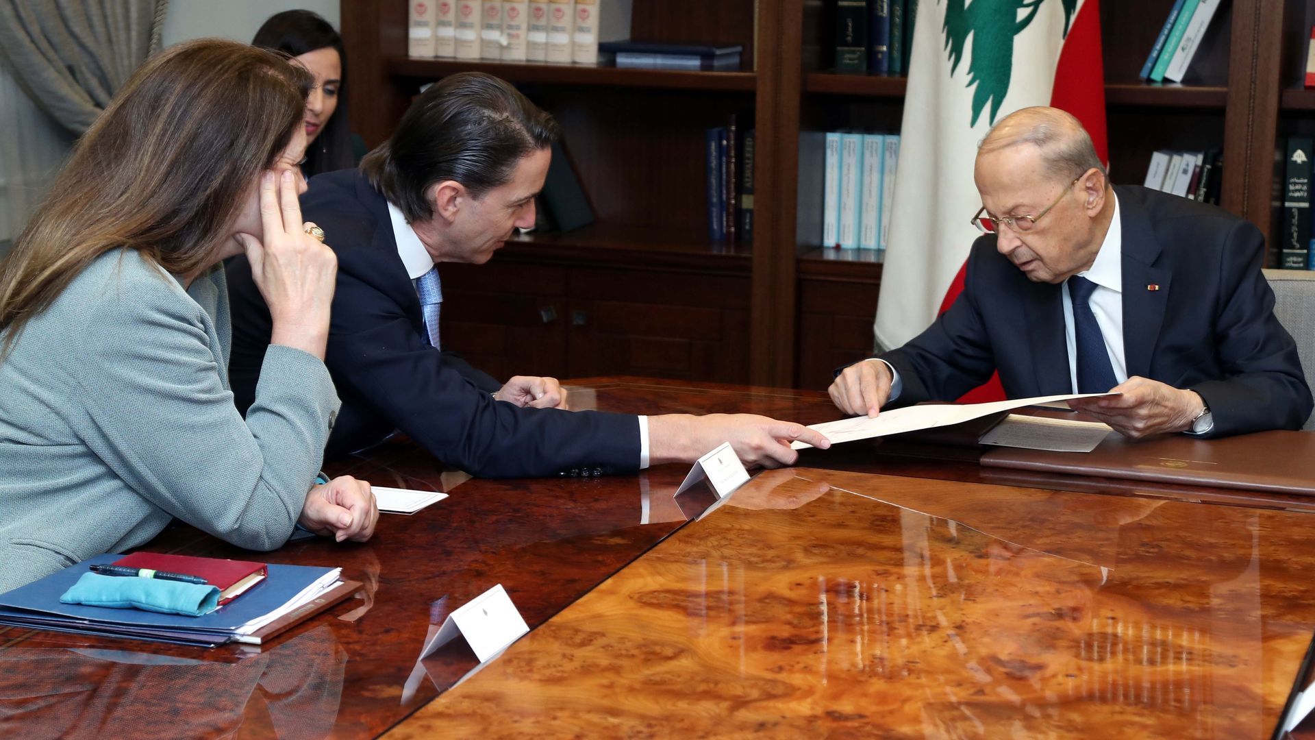 Lebanese President Michel Aoun (R) meets United States (US) Special Envoy and Coordinator for International Energy Affairs Amos Hochstein