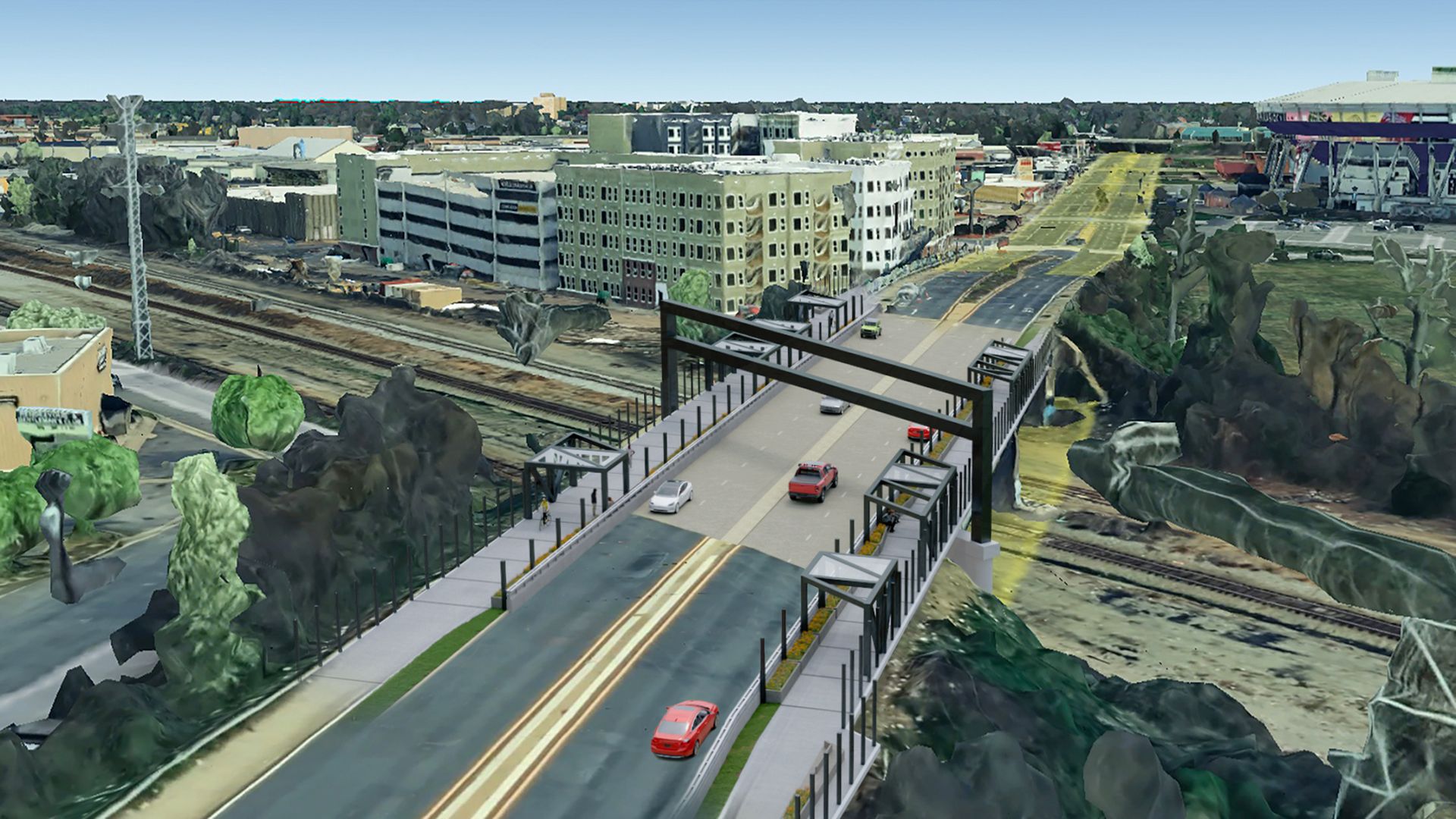 A rendering of a new bridge over traintracks in Richmond. It looks like a bridge with a metal bar over it
