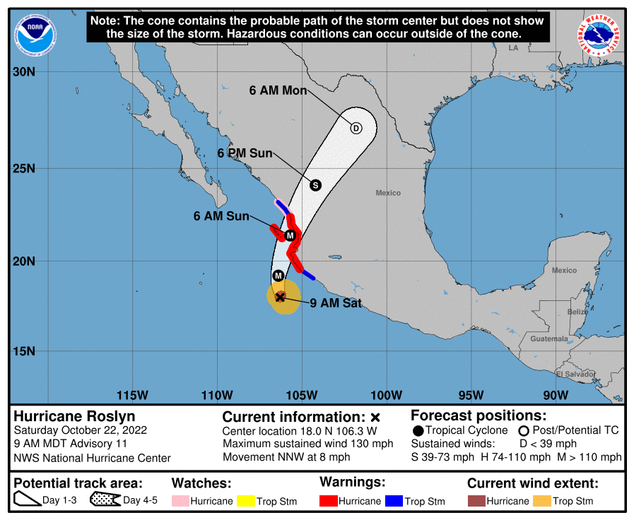 A forecast cone map for Hurricane Roslyn, as it approaches Mexico's western coast on Oct. 22, 2022.  