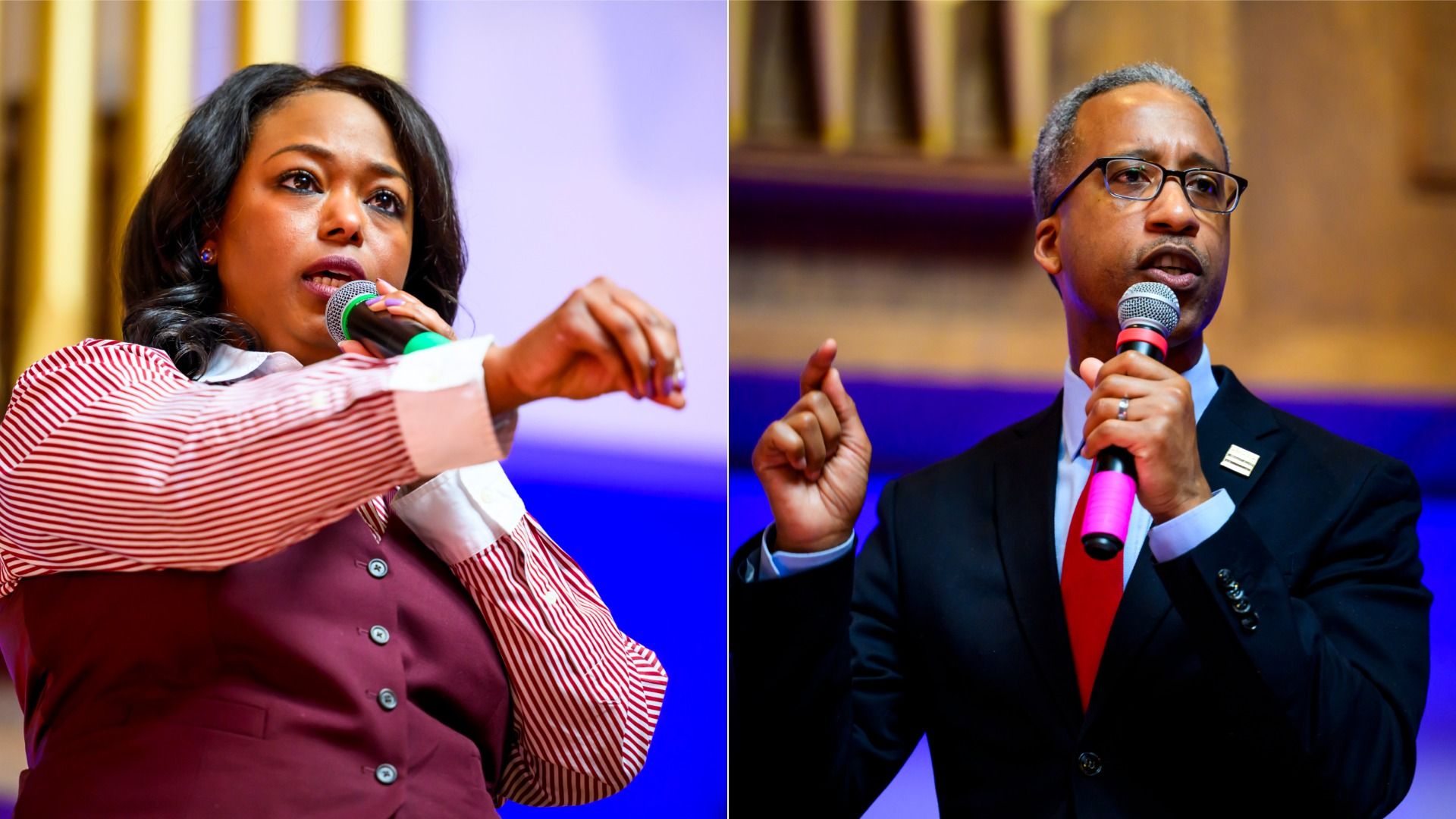 Janeese Lewis George and Kenyan McDuffie, in a photo collage side-by-side while speaking at a debate with microphones in their hands