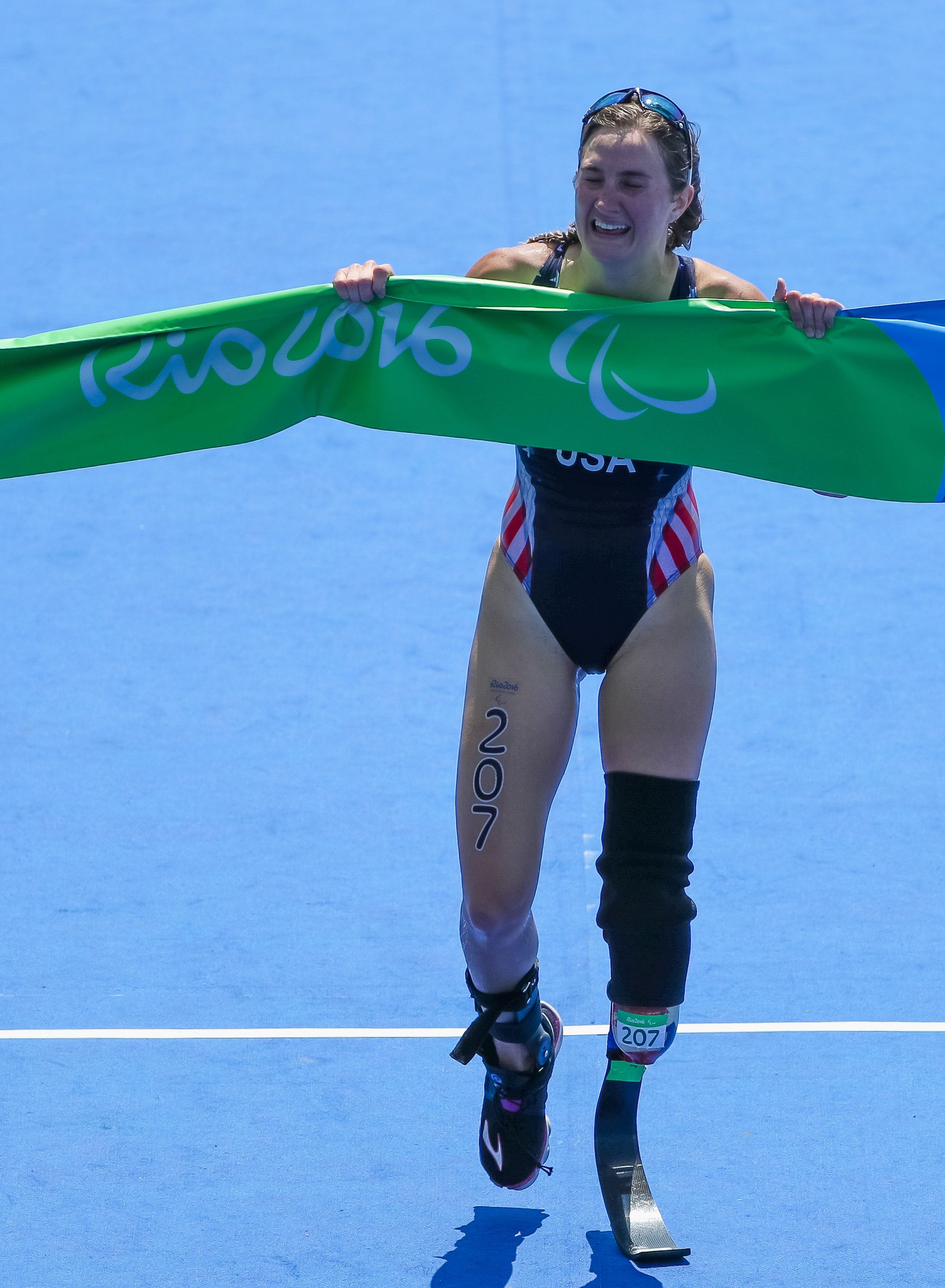 Allysa Seely of the United States celebrate winning the gold and silver respectively in the Triathlon Women's T2 at Forte de Copacabana on day 4 of the Rio 2016 Paralympic Games