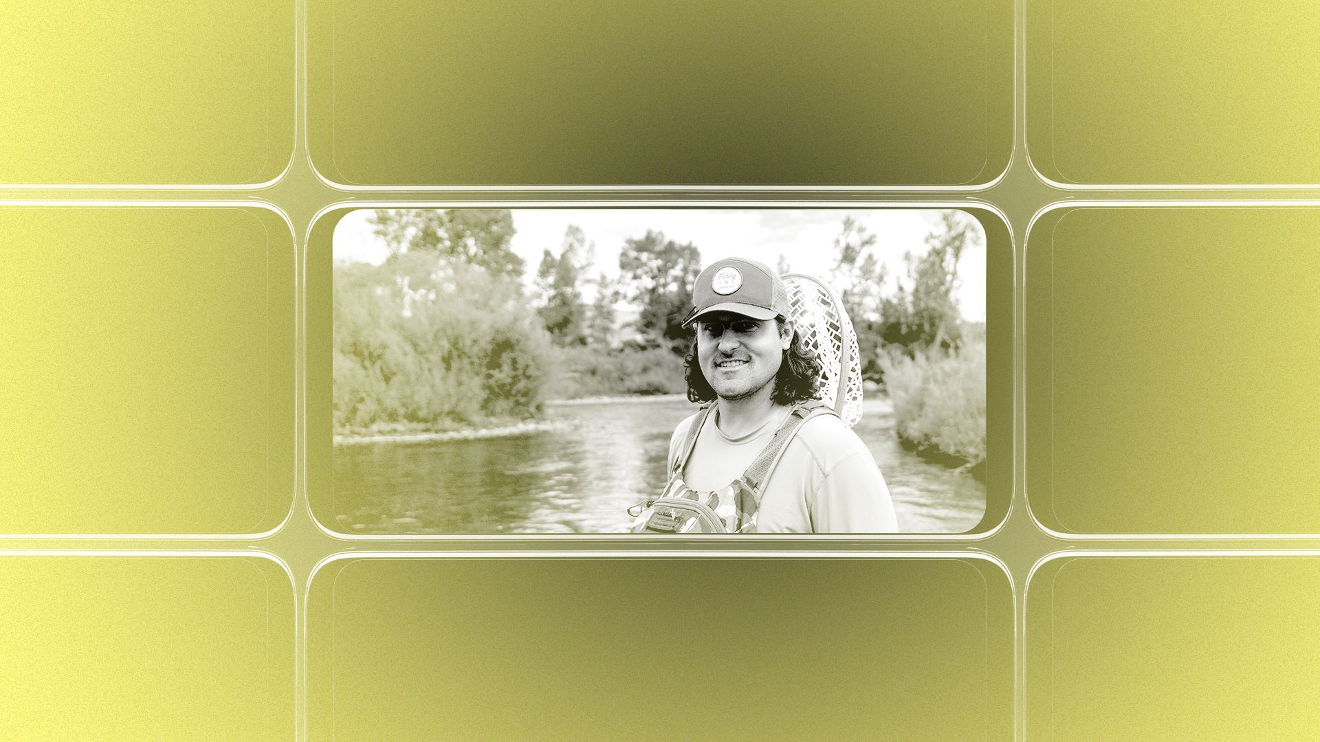 Photo illustration of a grid of smartphone screens, the center one showing an image of Jennings Hester.