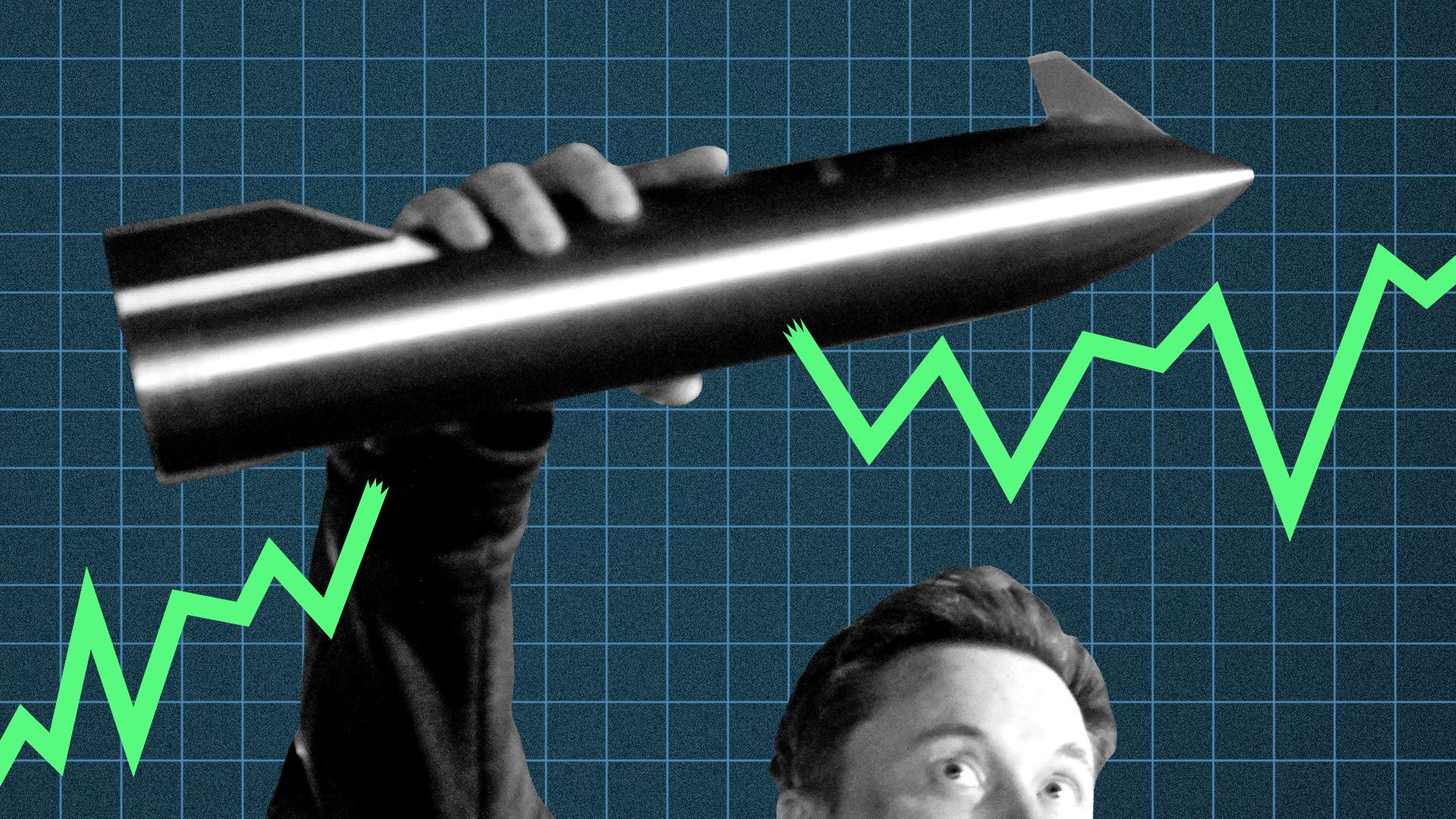 Photo illustration of Elon Musk holding a model rocket, and breaking a stock chart trend line with it.