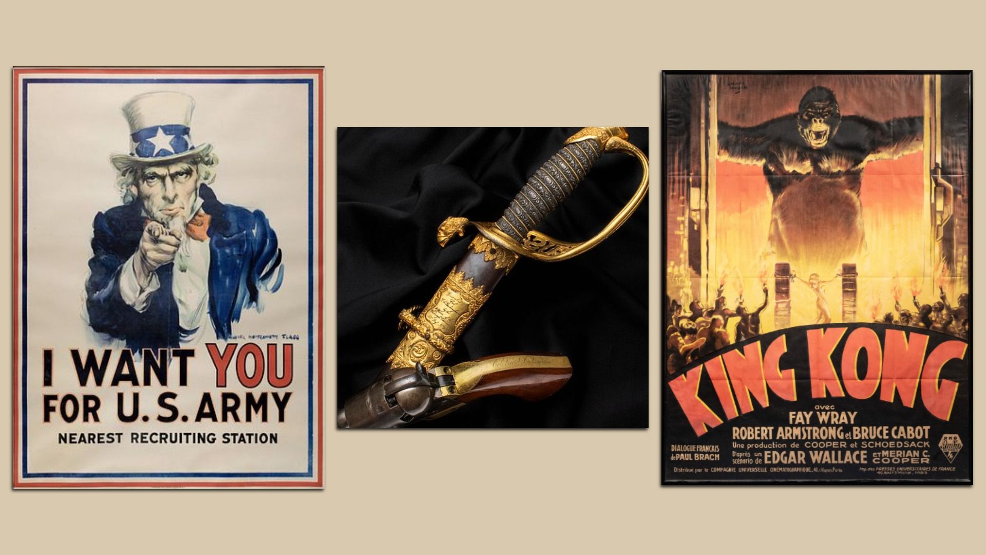 Three framed posters on a tan wall: left Uncle Sam's "I WANT YOU FOR U.S. ARMY" poster; center gold-hilted sword on black fabric; right vintage "King Kong" poster with a giant ape.