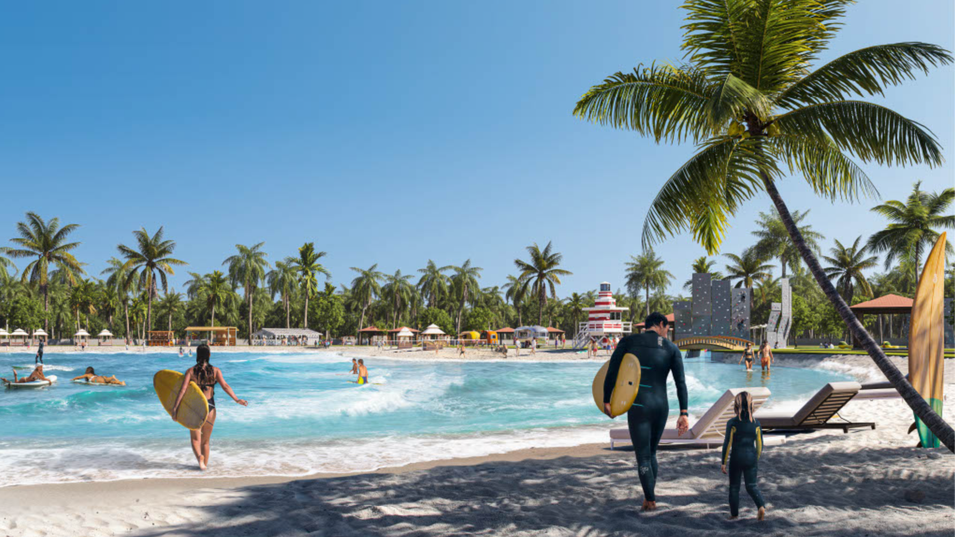A rendering of beach with several people carrying surf boards into the water.