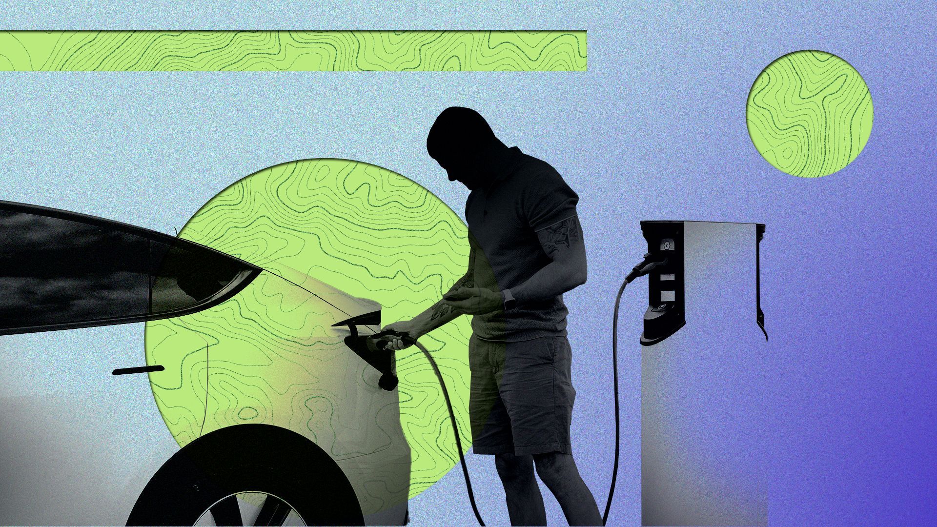 Illustration of a silhouetted person charging their electric vehicle surrounded