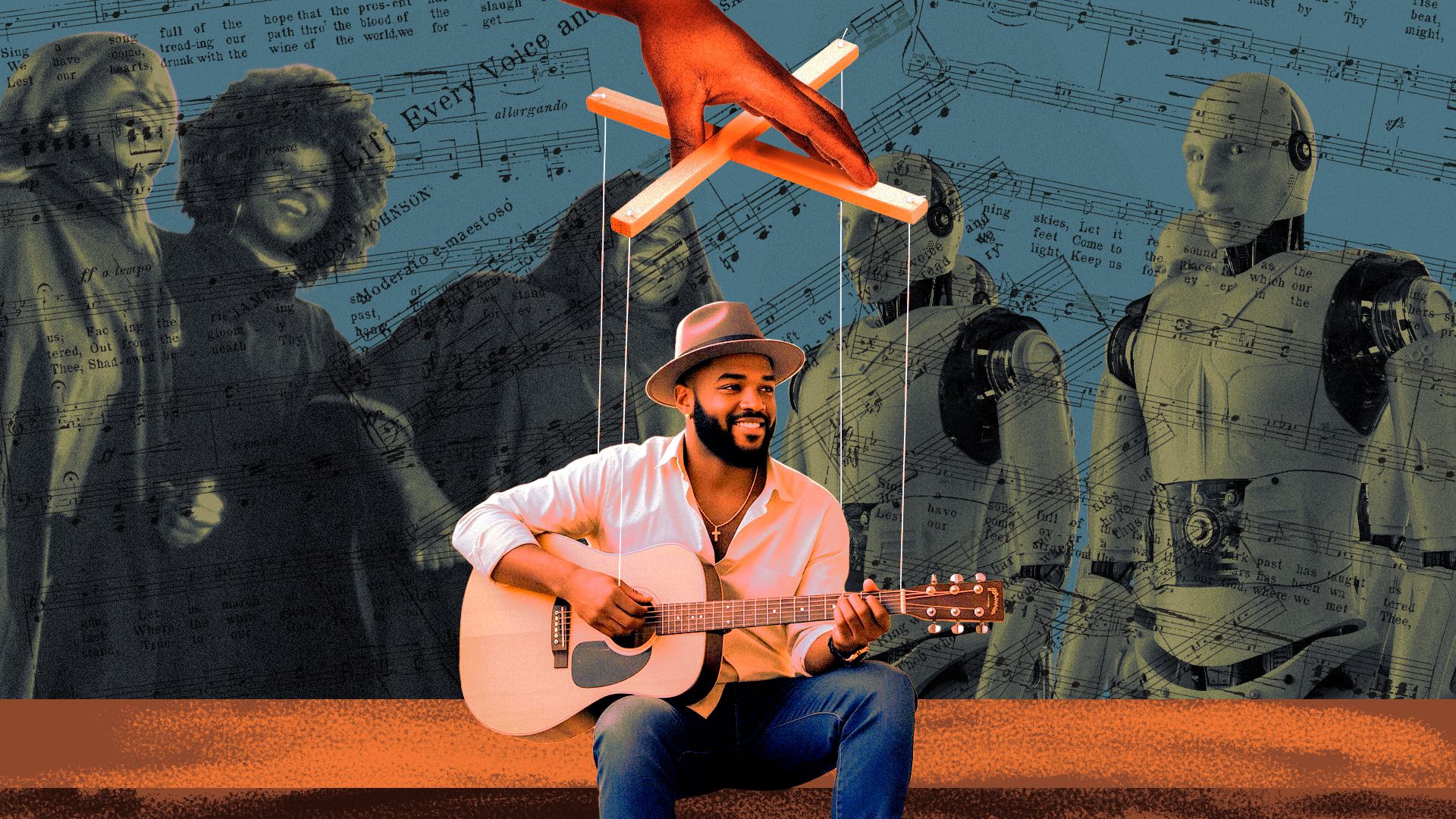 Photo illustration of AI gospel singer Solomon Ray, Black female singers, and robots overlaid by sheet music.