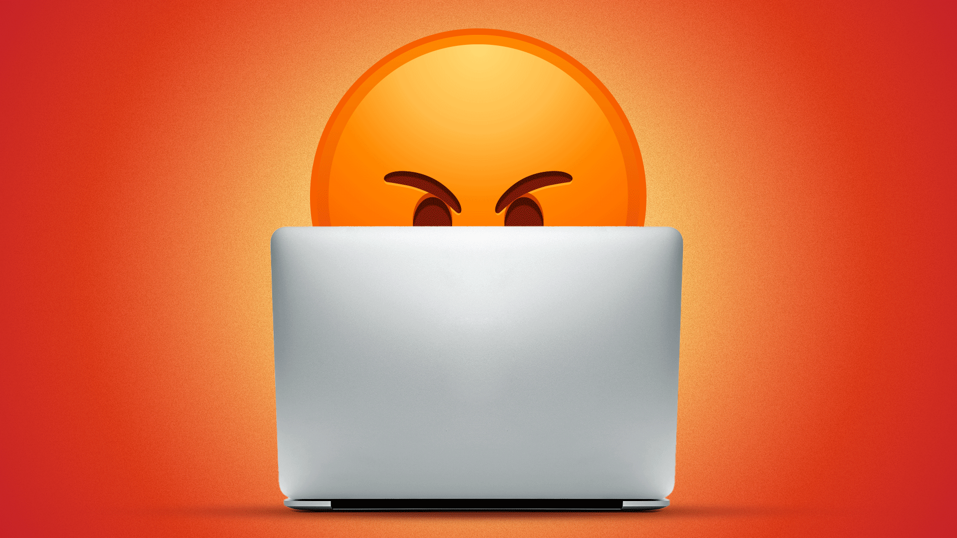 Animated illustration of an angry emoji fuming behind a laptop. 