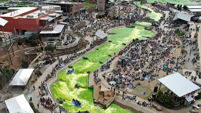 The U.S. National Whitewater Center river dyed green for St. Patrick's Day. Photo courtesy of the Whitewater Center