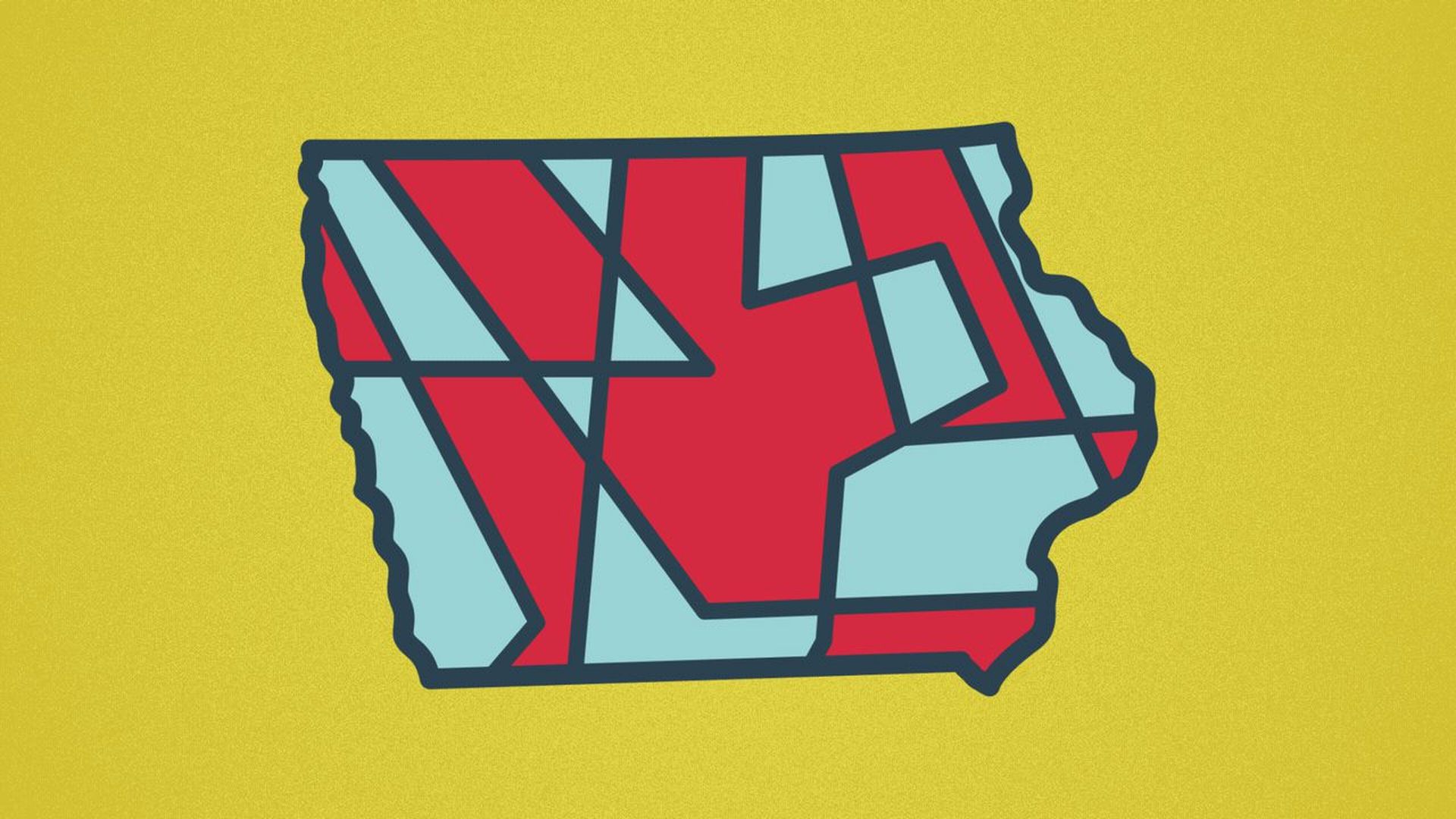Illustration of the state of Iowa with red and blue districts inside it. 
