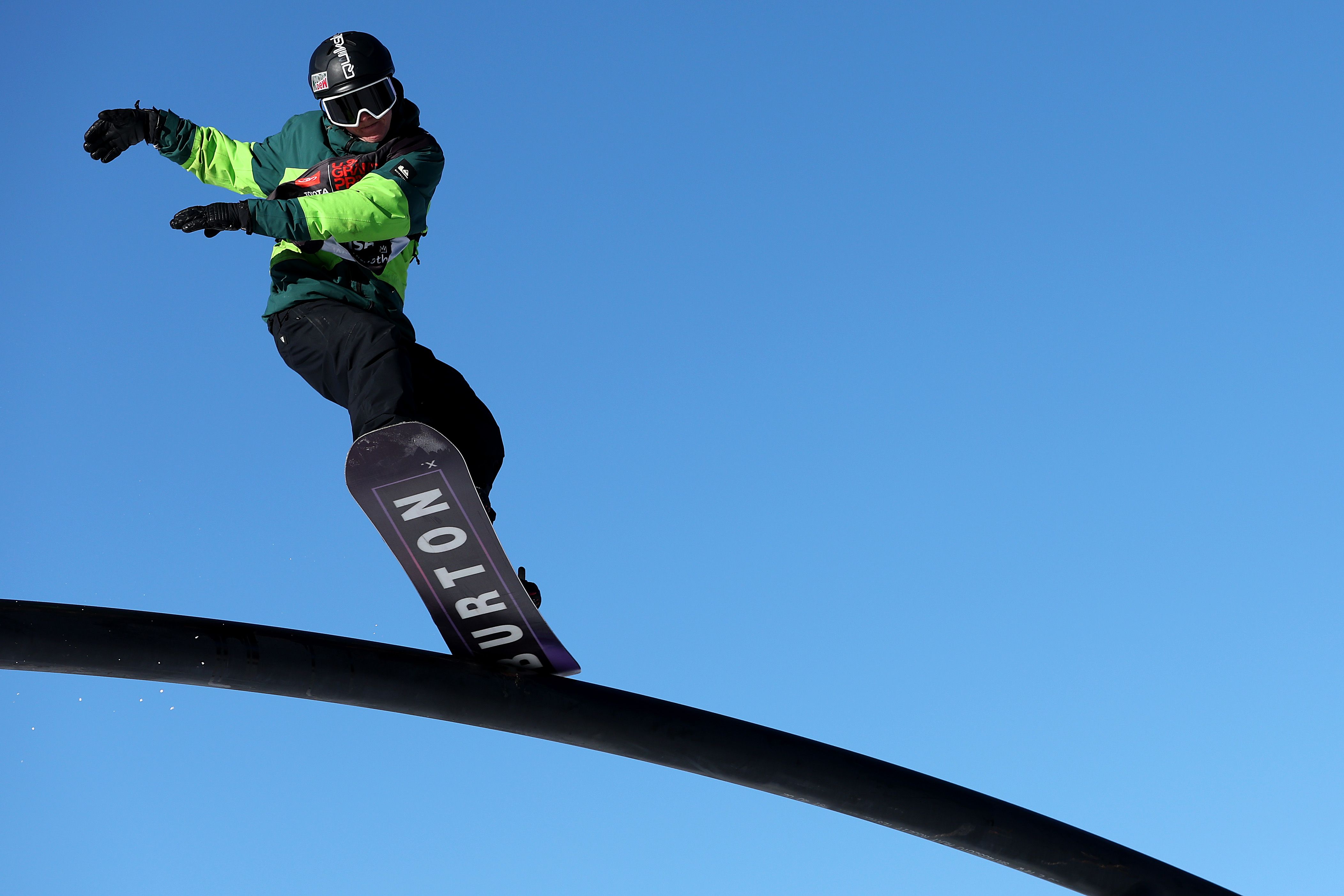 Red Gerard of Team United States takes a training run for the Men's Snowboard Slopestyle competition at the Toyota U.S. Grand Prix at Mammoth Mountain on January 05, 2022 in Mammoth, California.