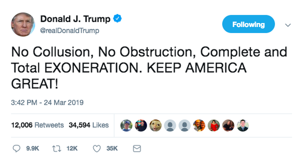 No Collusion No Obstruction Complete And Total Exoneration