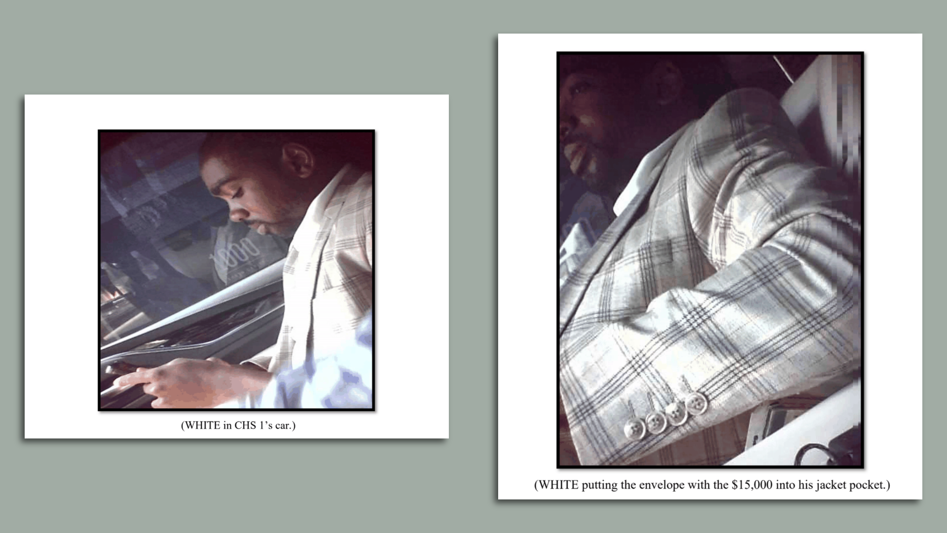 Images from an FBI affidavit of Trayon White sitting in a car and allegedly accepting cash