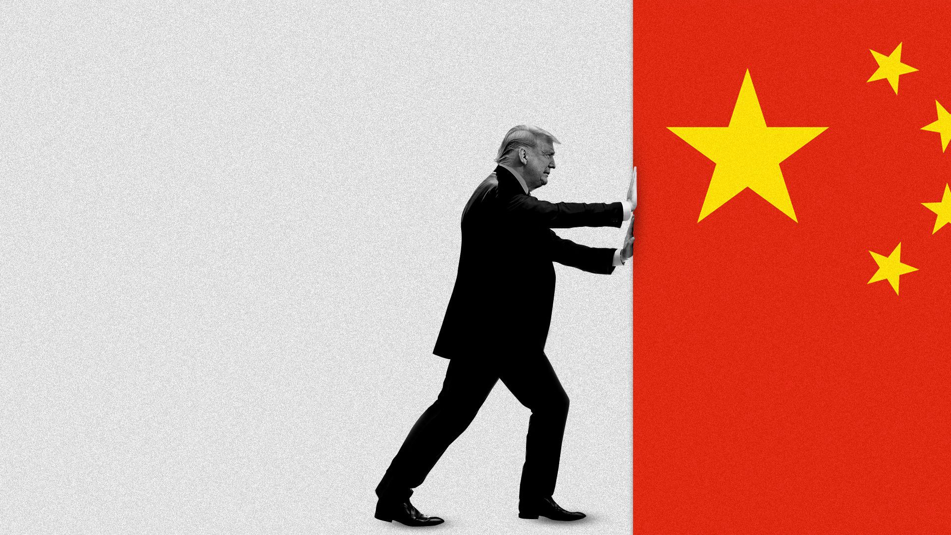 Illustration of President Trump pushing a Chinese flag off screen.