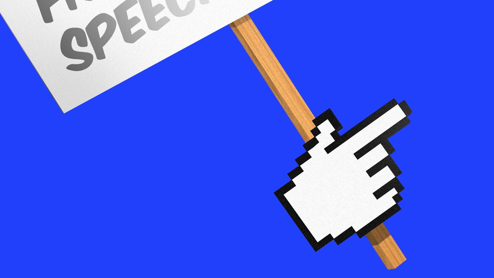 A computer cursor holding a picket sign.