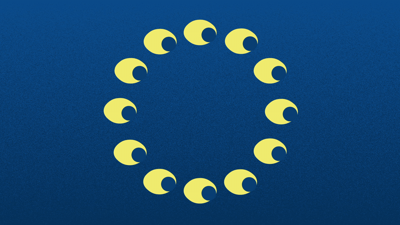 Illustration of eyes in the pattern of the EU flag looking around and turning into cubes.