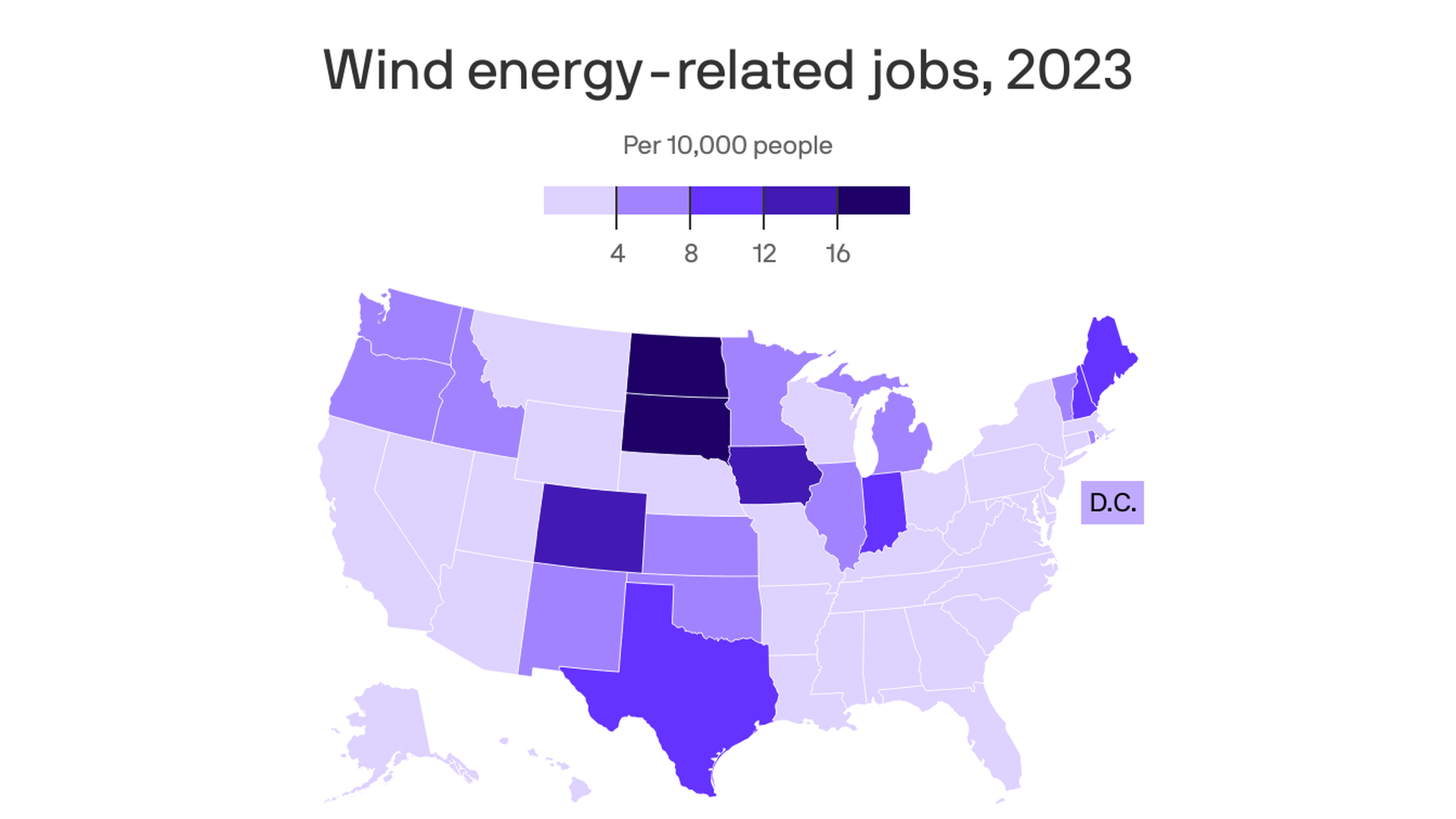 Choropleth map of wind energy jobs in the U.S.