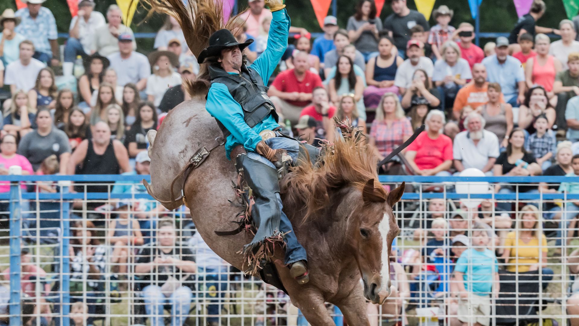A rodeo rider hangs on to a bucking bronco in front of a large crowd