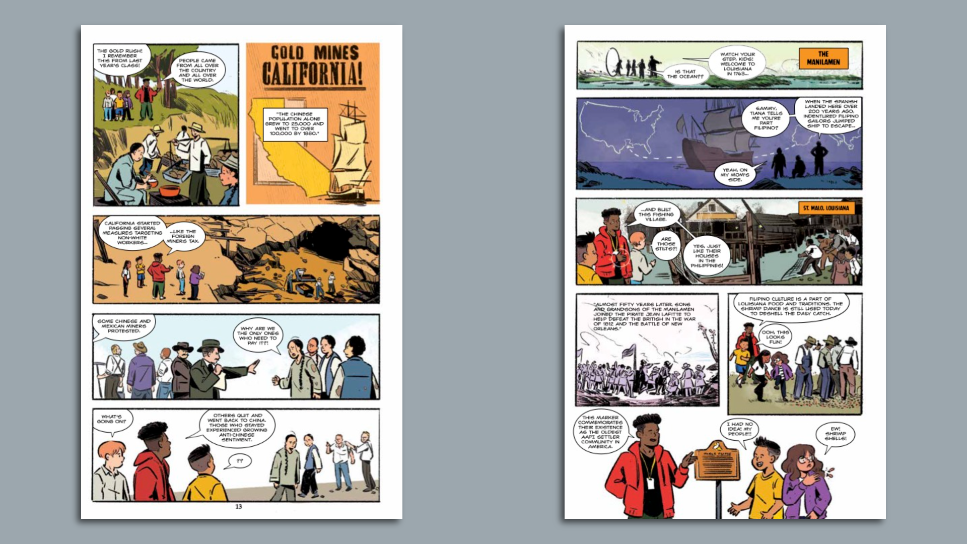 Photo showing two separate pages from the comic book "Fighting to Belong!" One shows the Manilamen and the other discusses the Gold Rush in California