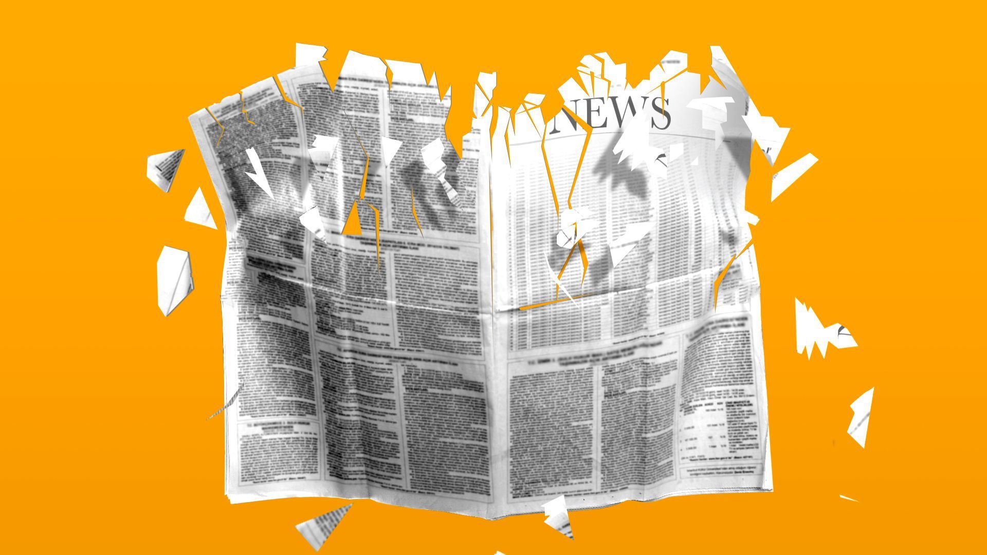 Illustration of a newspaper in shreds against a yellow background.