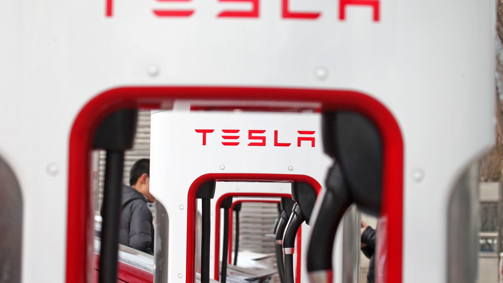A Tesla charging station in Tianjin, China.