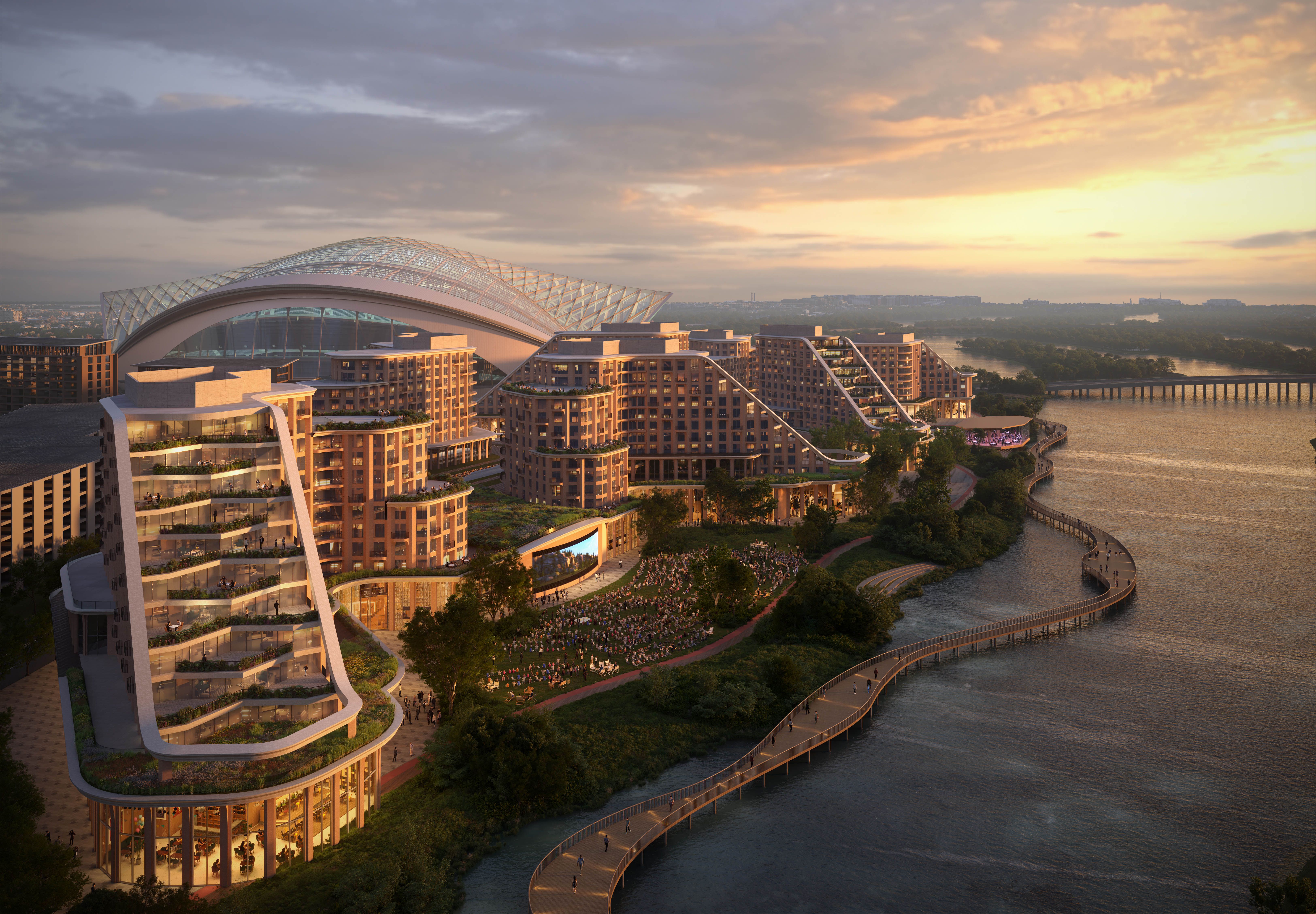 Residences and public spaces are part of the rendering of a new football stadium site district