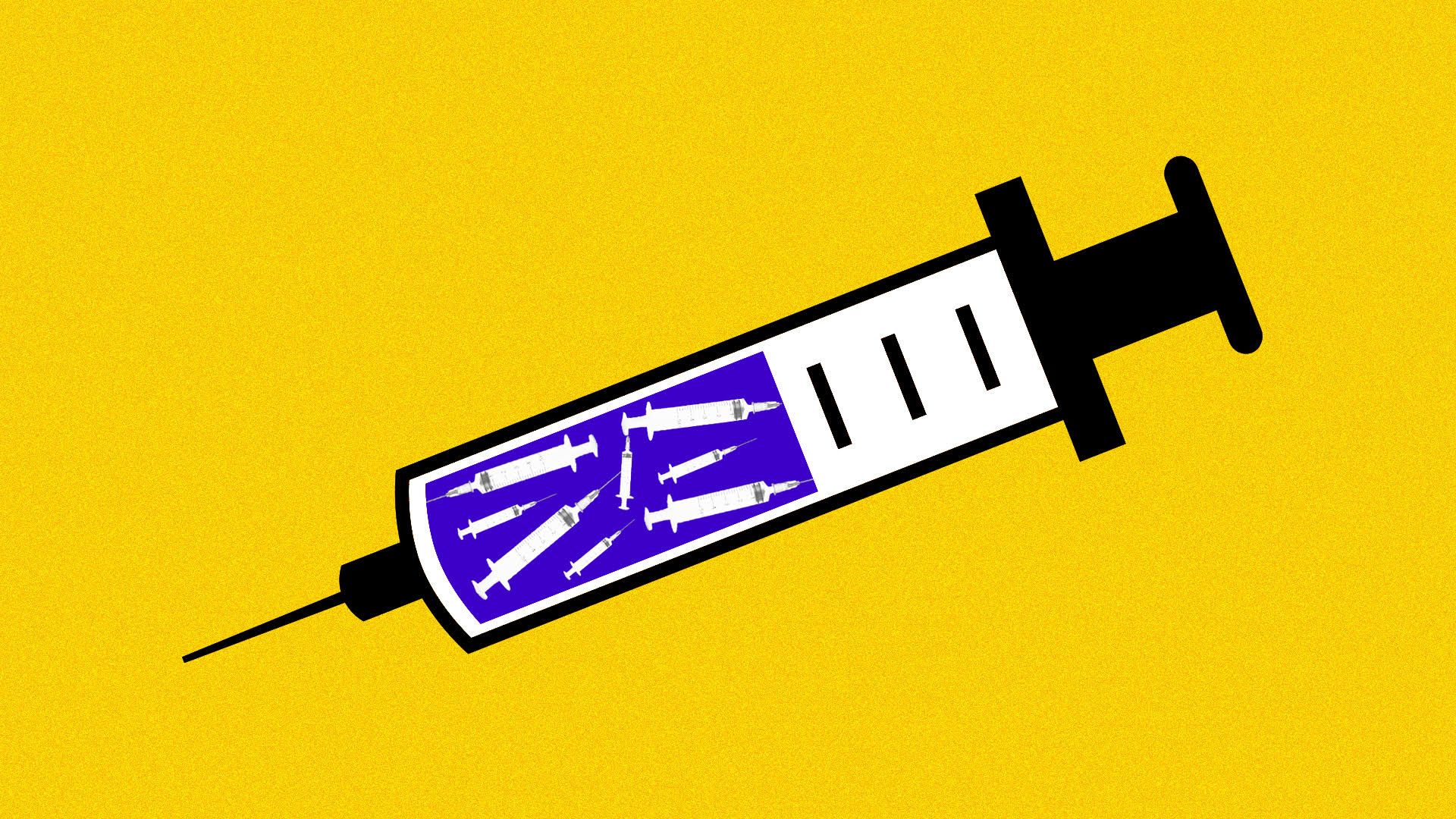 Illustration of a giant needle holding multiple needles inside, showing vaccination against multiple types of flu