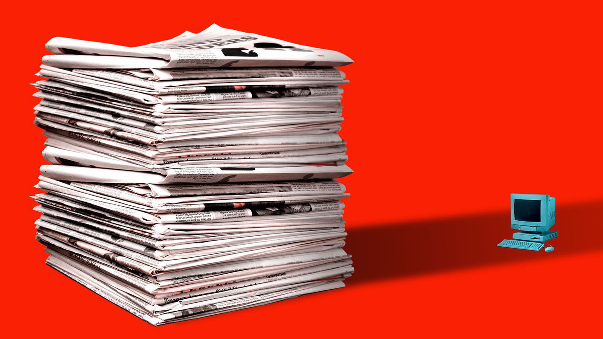 Illustration of giant stack of newspapers casting a shadow on a small computer.