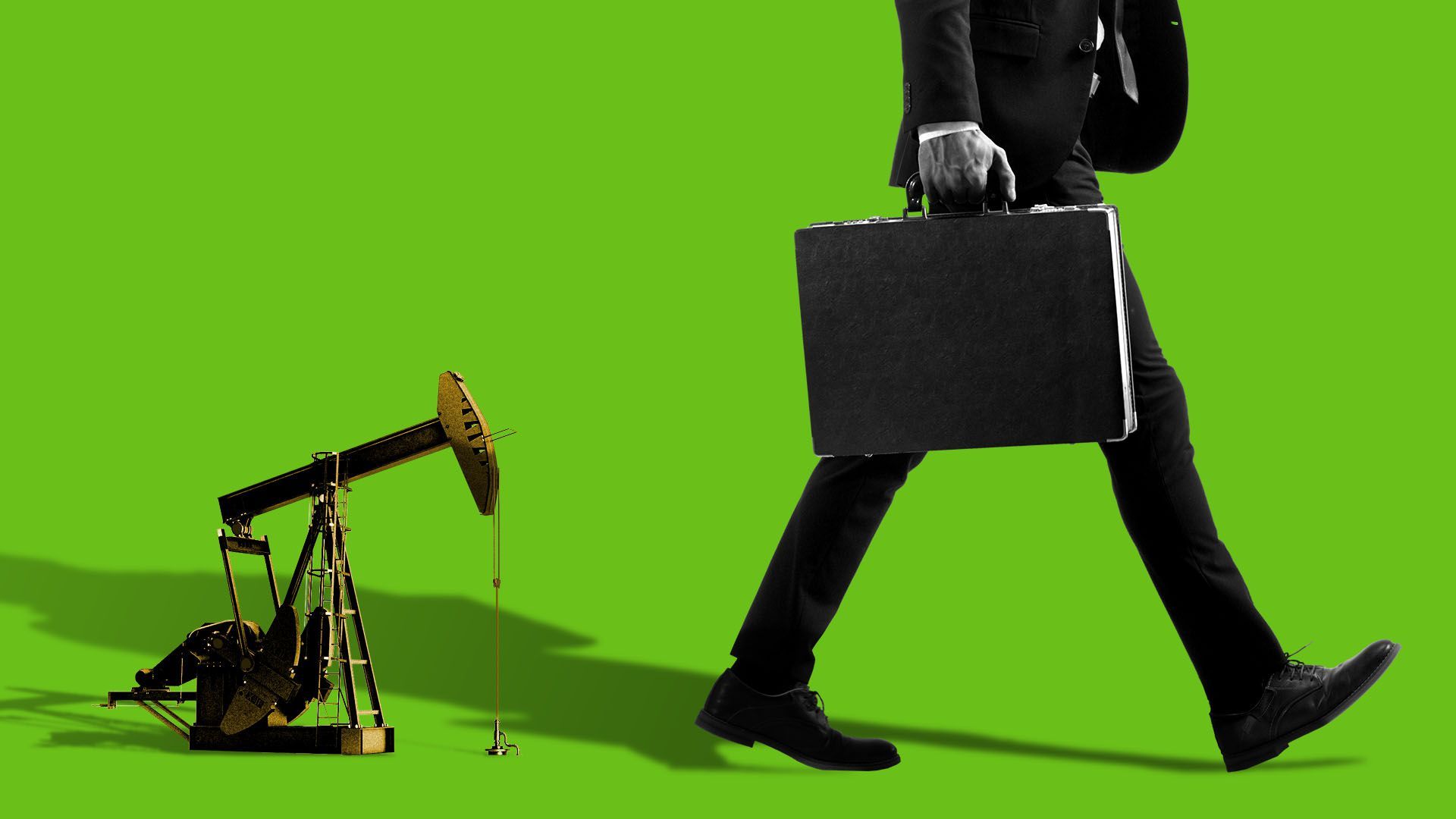 Illustration of a businessman walking away from an oil rig with green background