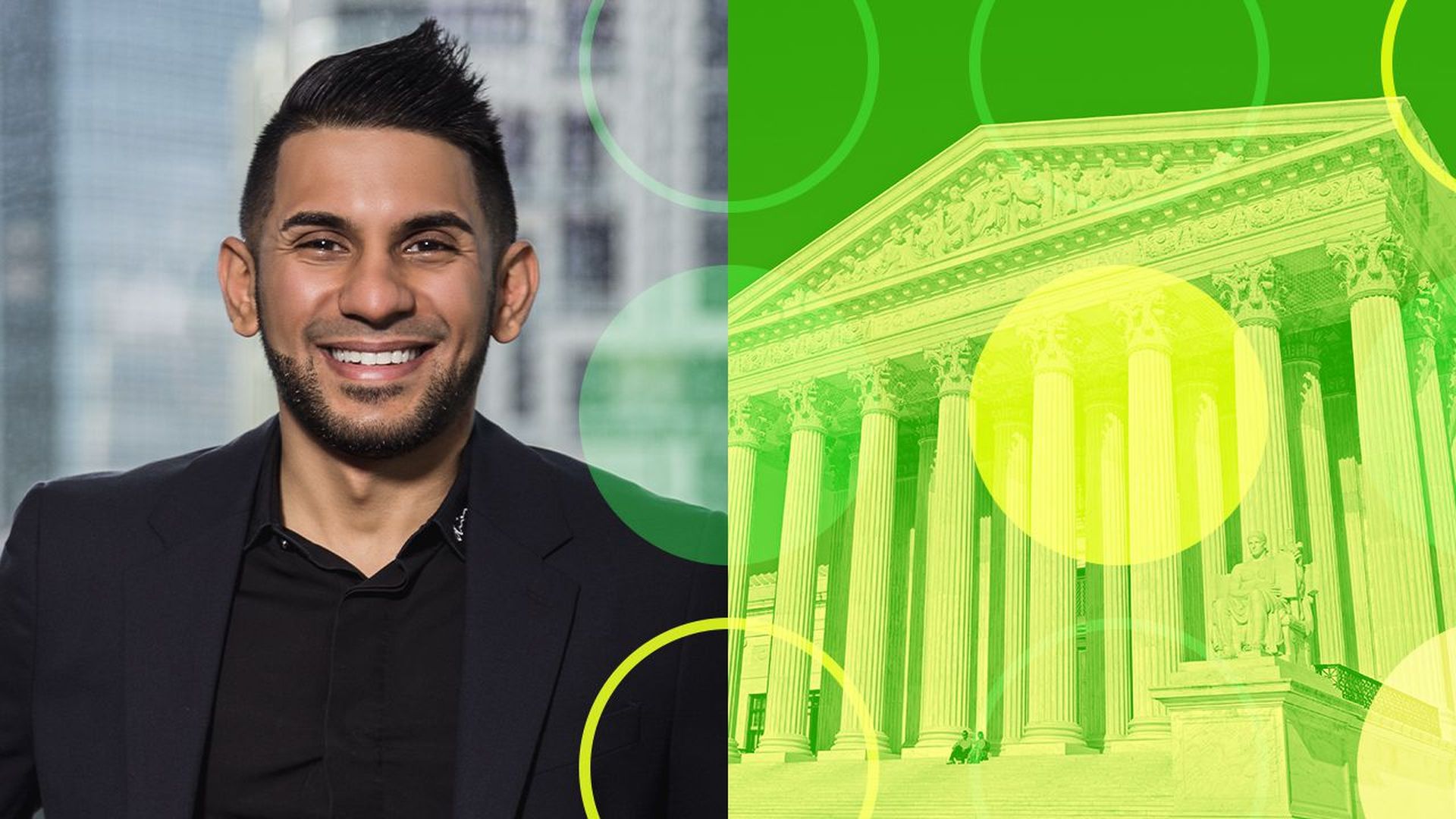Photo Illustration of Fiyyaz Pirani next to the Supreme Court building with shapes overlayed