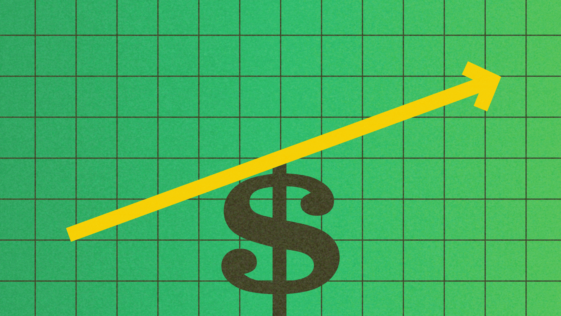 Animated illustration of an arrow seesawing up and down, balanced on a dollar sign, in front of a chart grid.