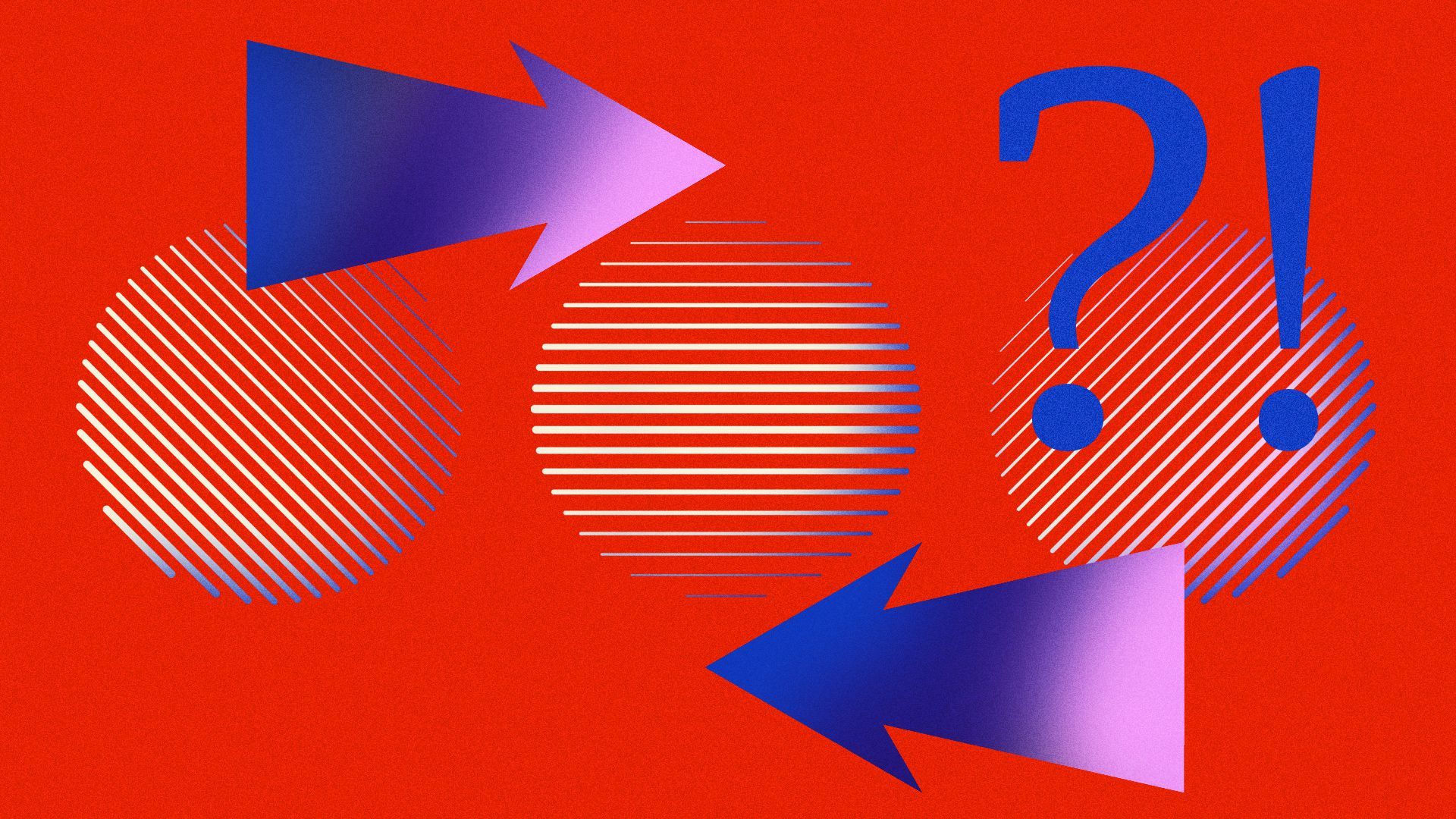 Illustration of a question mark and an exclamation point surounded by circles and arrows. 