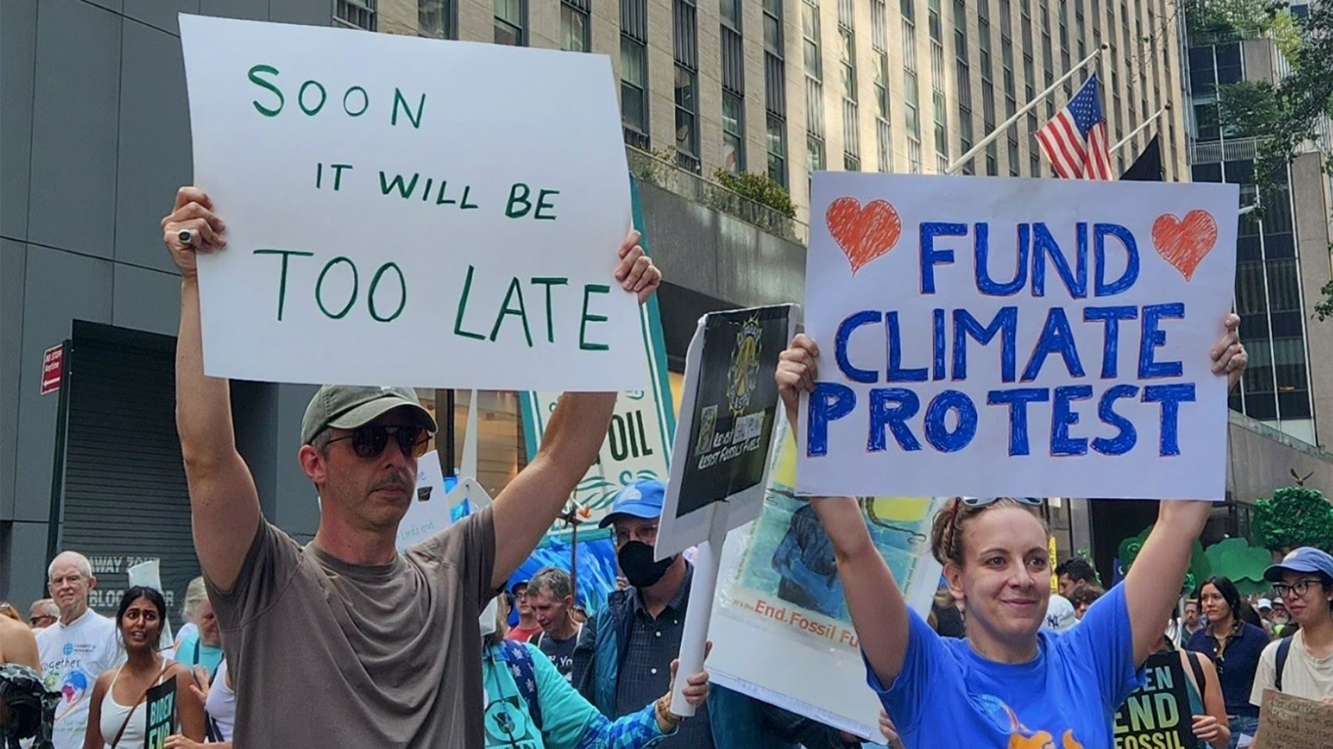 Actor Jeremy Strong and Climate Emergency Fund executive director Margaret Klein Salamon at an anti-fossil fuels protest in New York. 