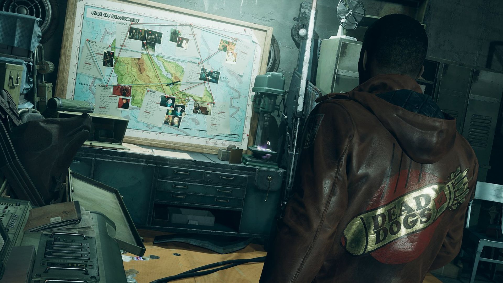 Screenshot of a man looking at an island map with lines criss-crossing on it
