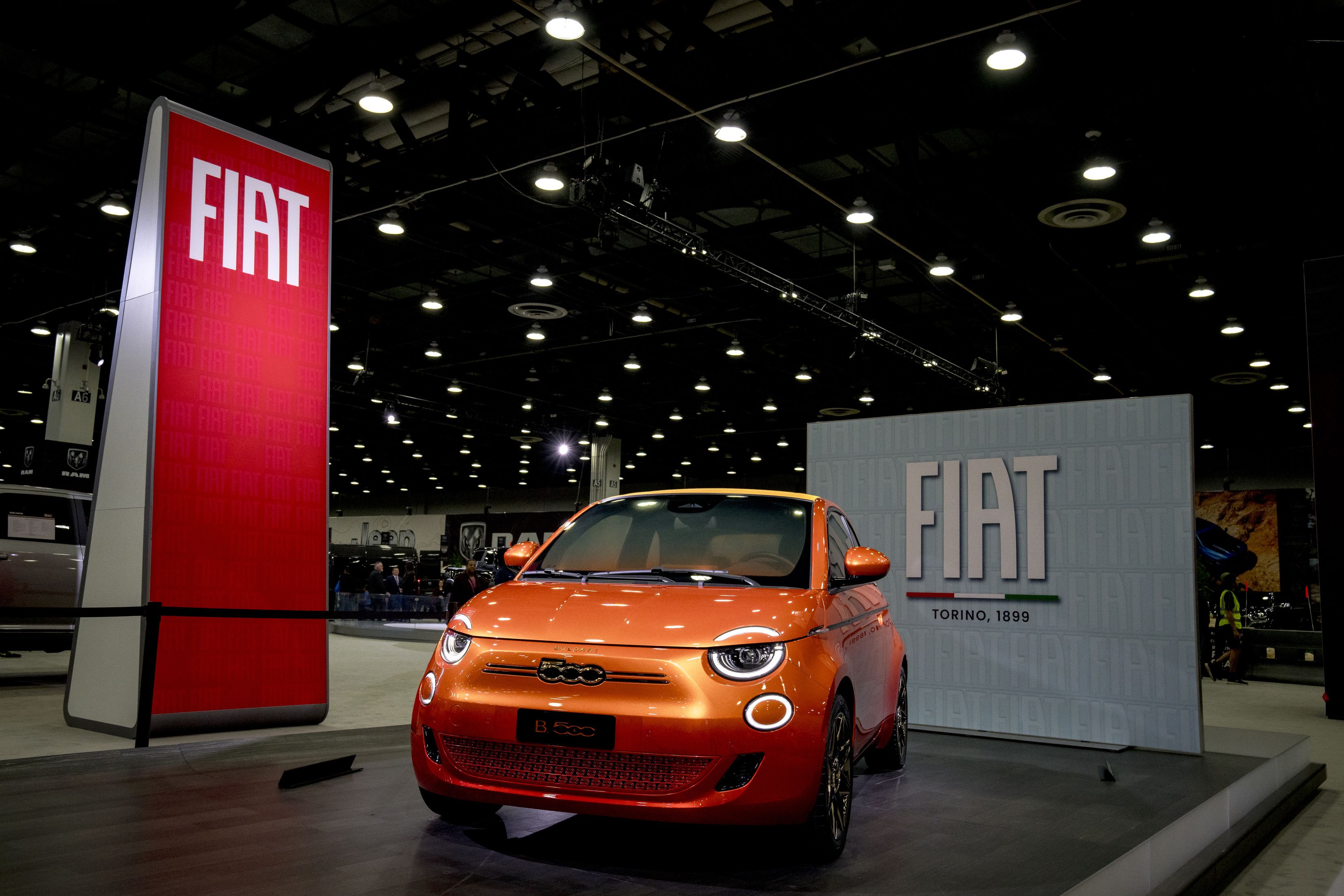 A Fiat 500e on display during the Detroit Auto Show last year.