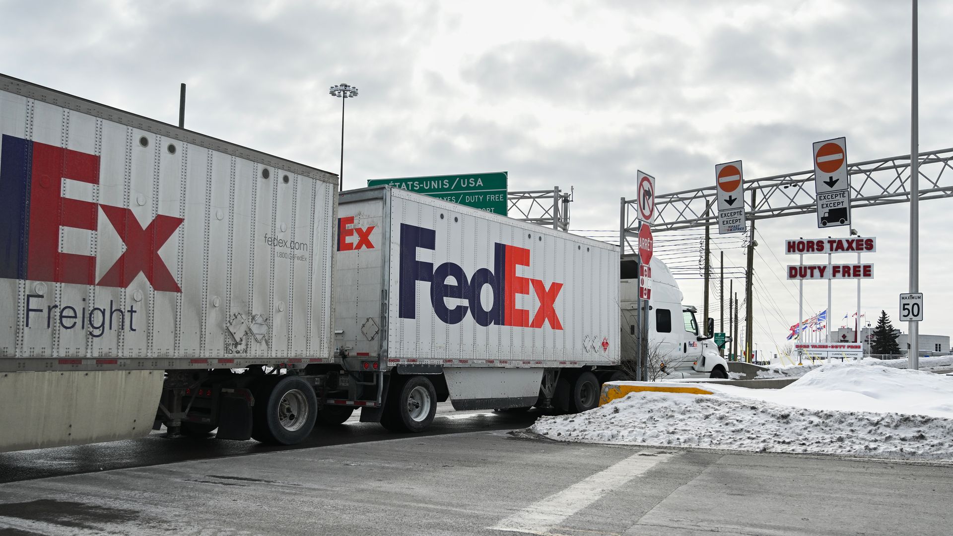 A FedEx truck at the Canada-US border in Saint-Bernard-de-Lacolle, Quebec, Canada, on Tuesday, Feb. 24, 2026. 