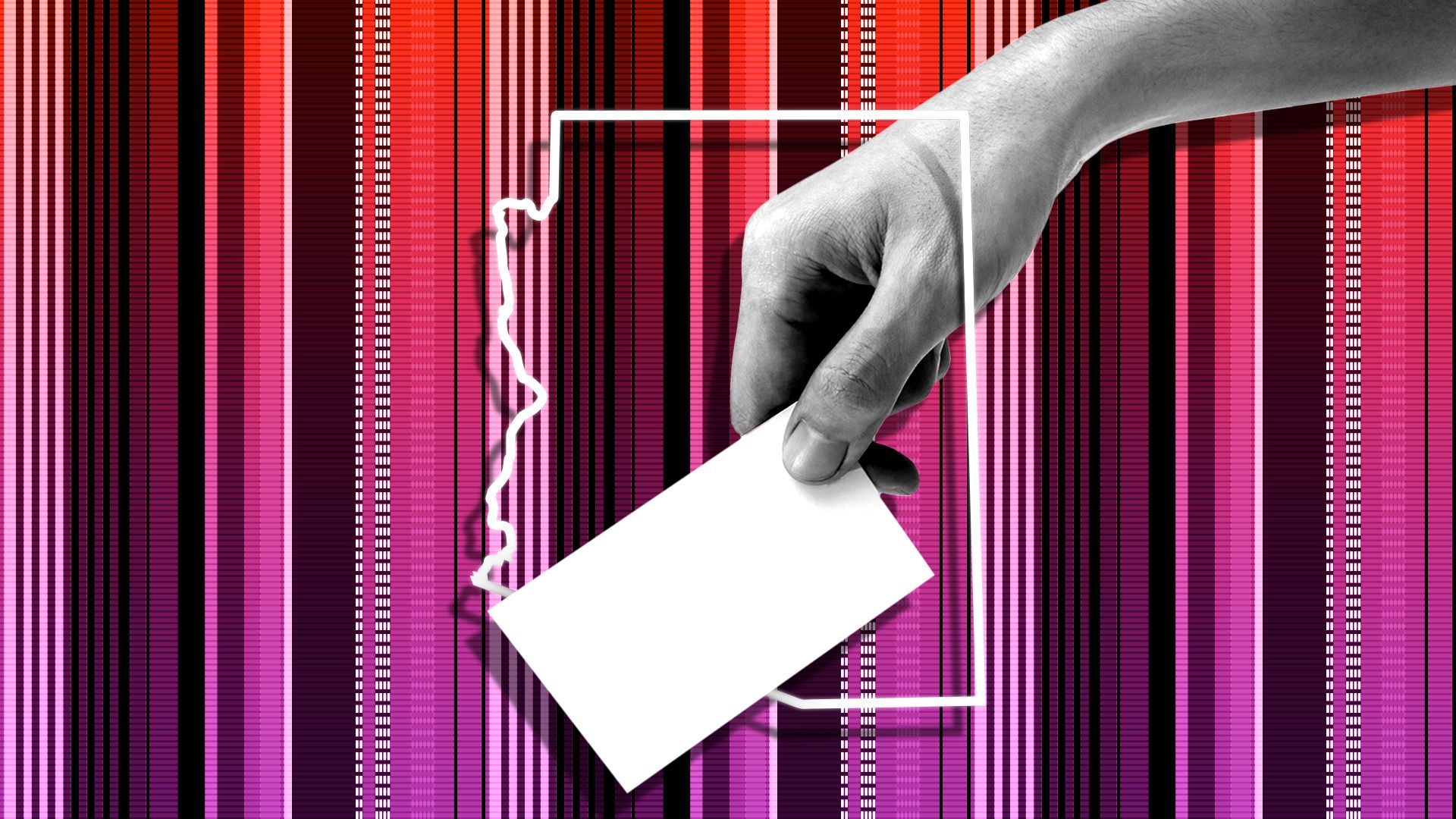 Illustration of a hand holding a ballot about to vote surrounded by an outline of the state of Arizona on a striped background that fades from red to purple. 