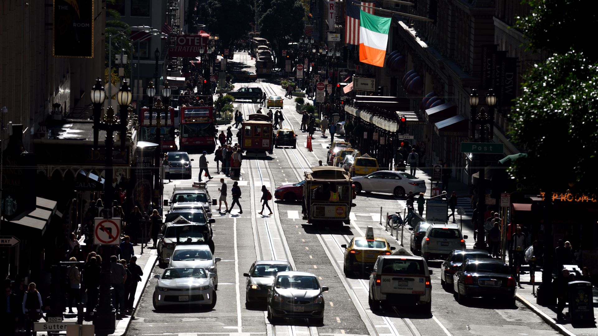 downtown San Francisco street with car, bus and streetcar traffic