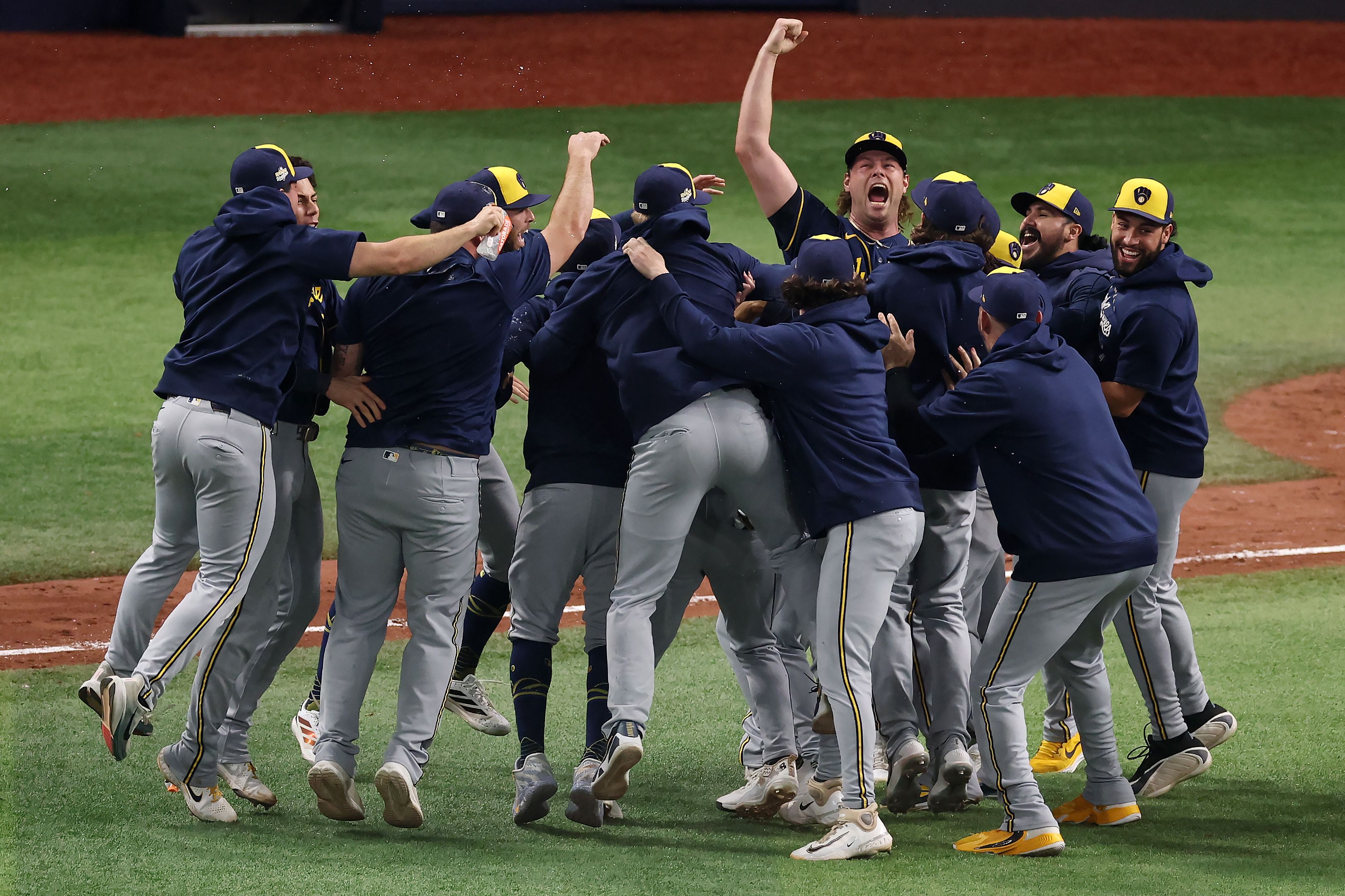 The Milwaukee Brewers celebrate after winning the World Series over the Tampa Bay Rays last night at Tropicana Field in St. Petersburg, Fla.