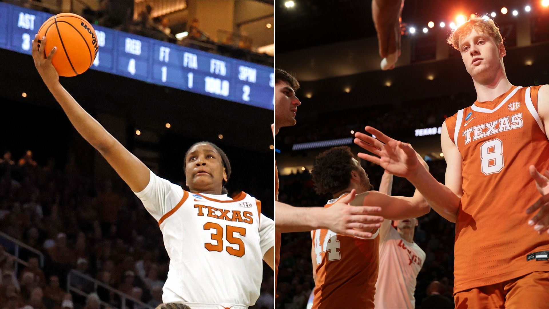 Split image of two Texas basketball players: left, a female in white jersey #35 reaches for an orange ball with a crowd and scoreboard behind; right, a male in orange jersey #8 extends toward a pass.