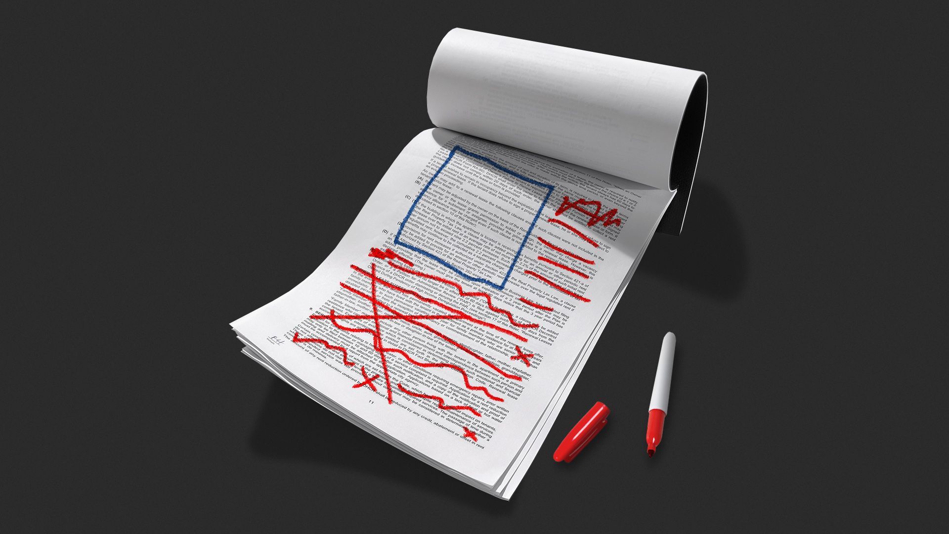 Illustration of a printed document with red and blue markings and scribbles resembling the U.S. flag