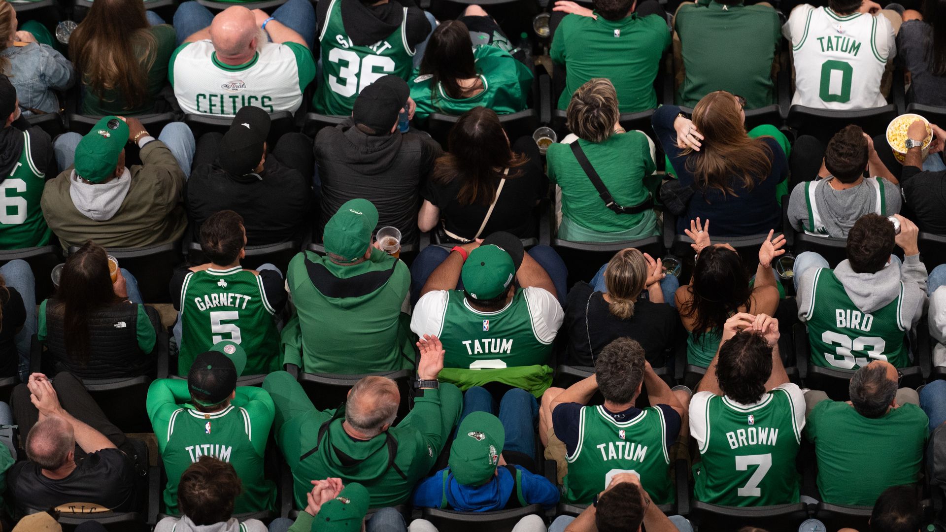 An aerial shot of Boston Celtics fans during game 7 of the NBA Eastern Conference Finals on May 29, 2023, at TD Garden.