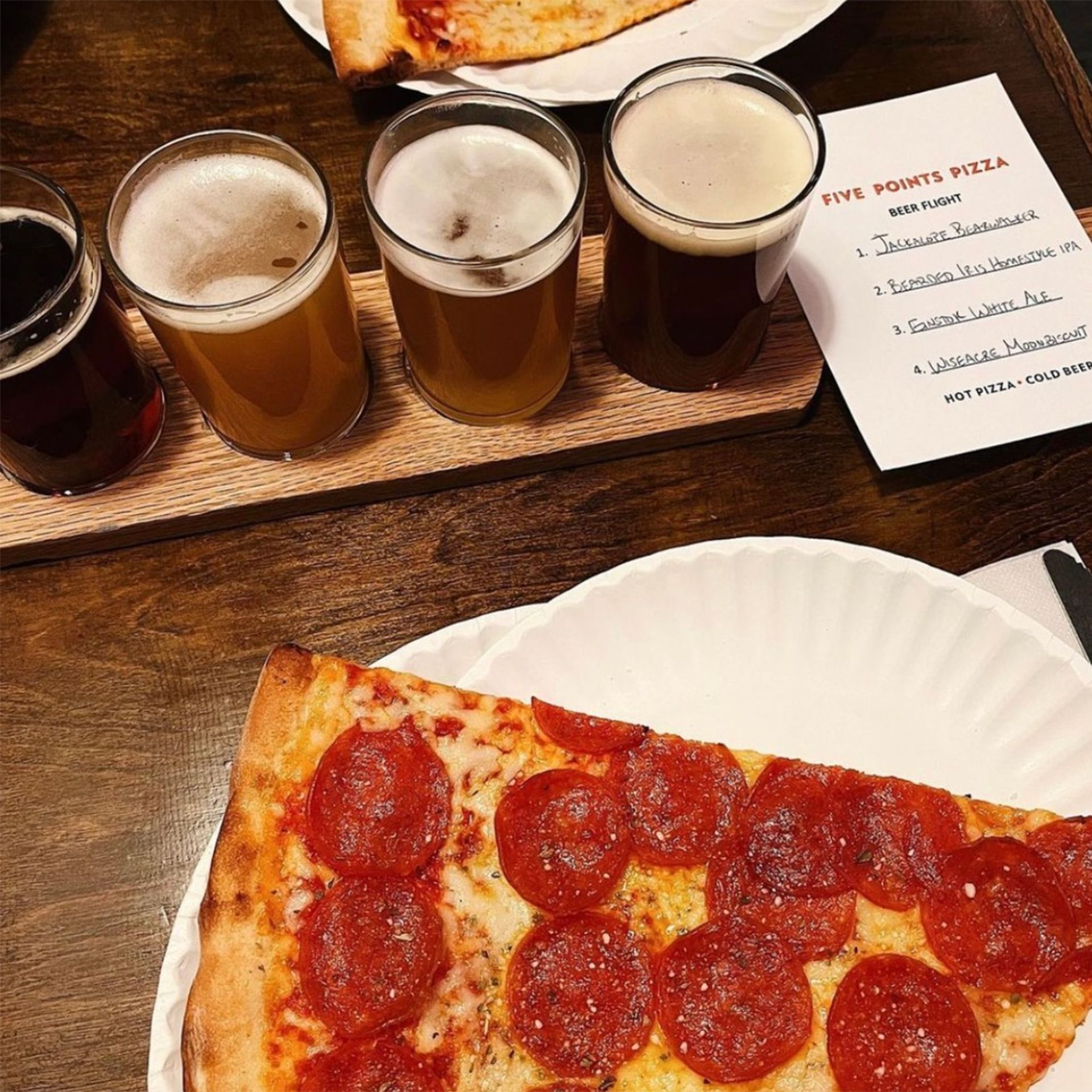 Draft beer flight and pizza